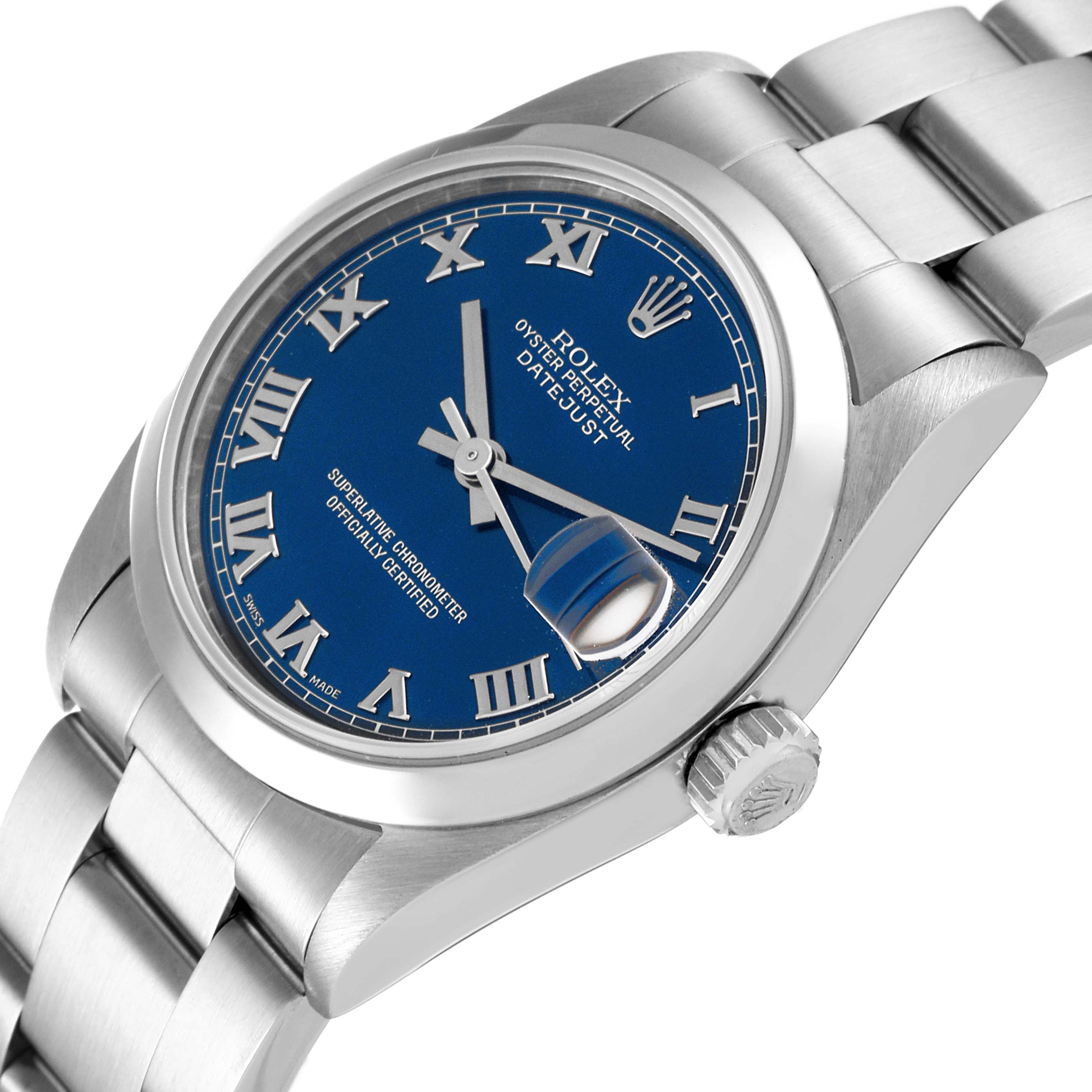 This Rolex Mid-Size 68240 Women
s Stainless Steel Blue Dial 68240 Women
s Stainless Steel Blue Dial watch is shown from a front angle, displaying the dial, case, crown, and part of the bracelet.
