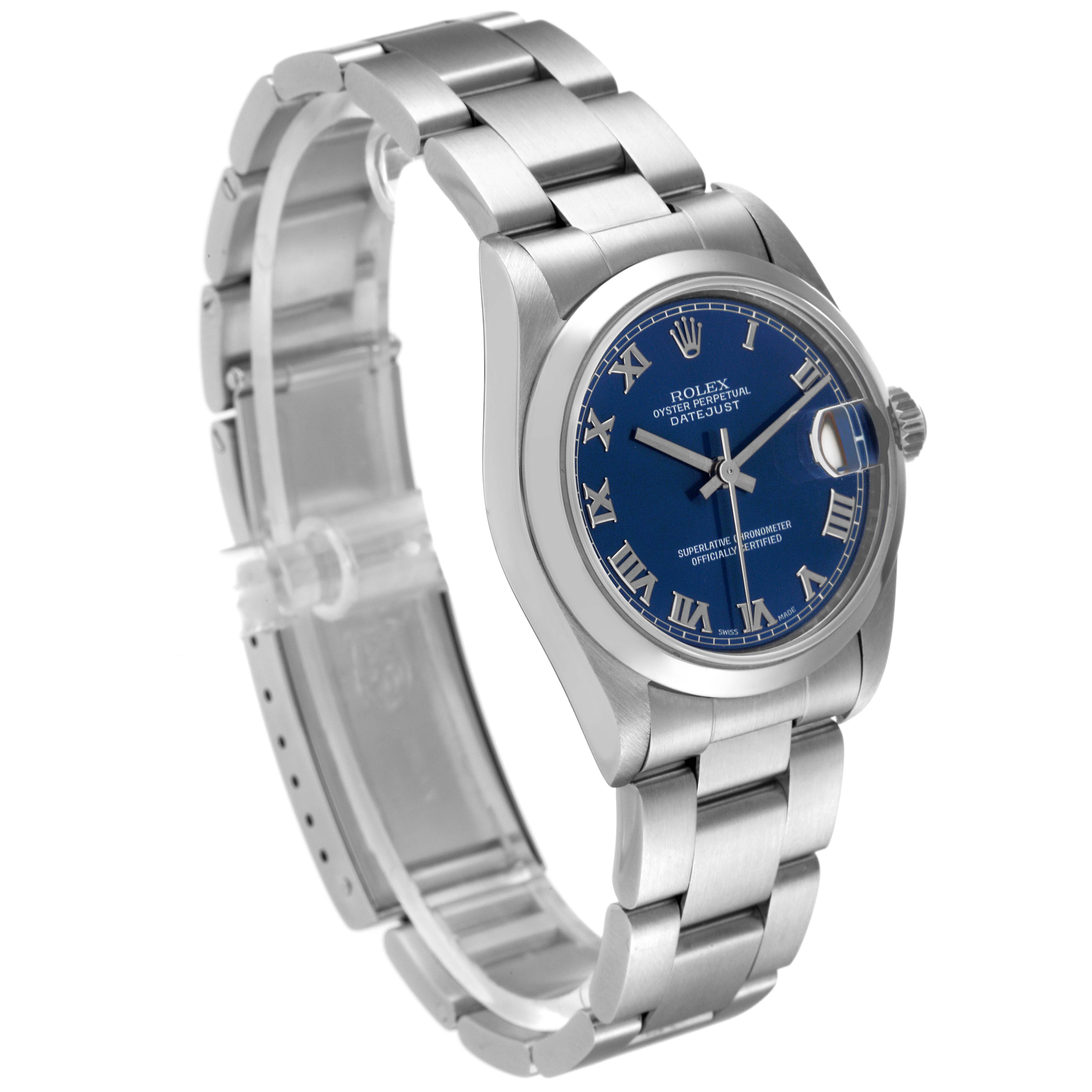 The Rolex Mid-Size 68240 Women
s Stainless Steel Blue Dial 68240 Women
s Stainless Steel Blue Dial model is shown at a three-quarter angle, highlighting its blue dial, silver bracelet, and bezel.
