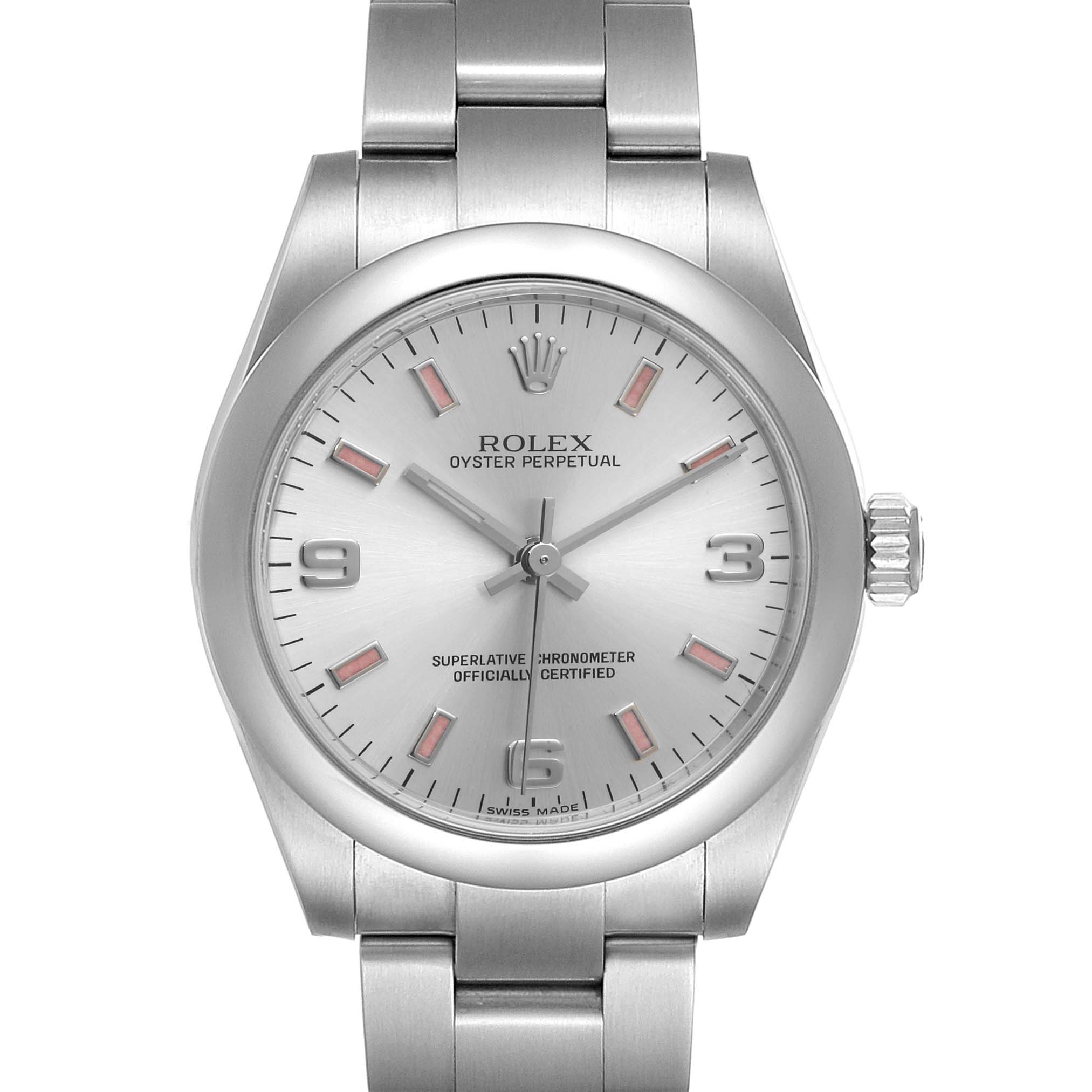 The image shows a front view of a Rolex Oyster Perpetual Mid-Size watch, displaying the dial, bezel, crown, and bracelet.