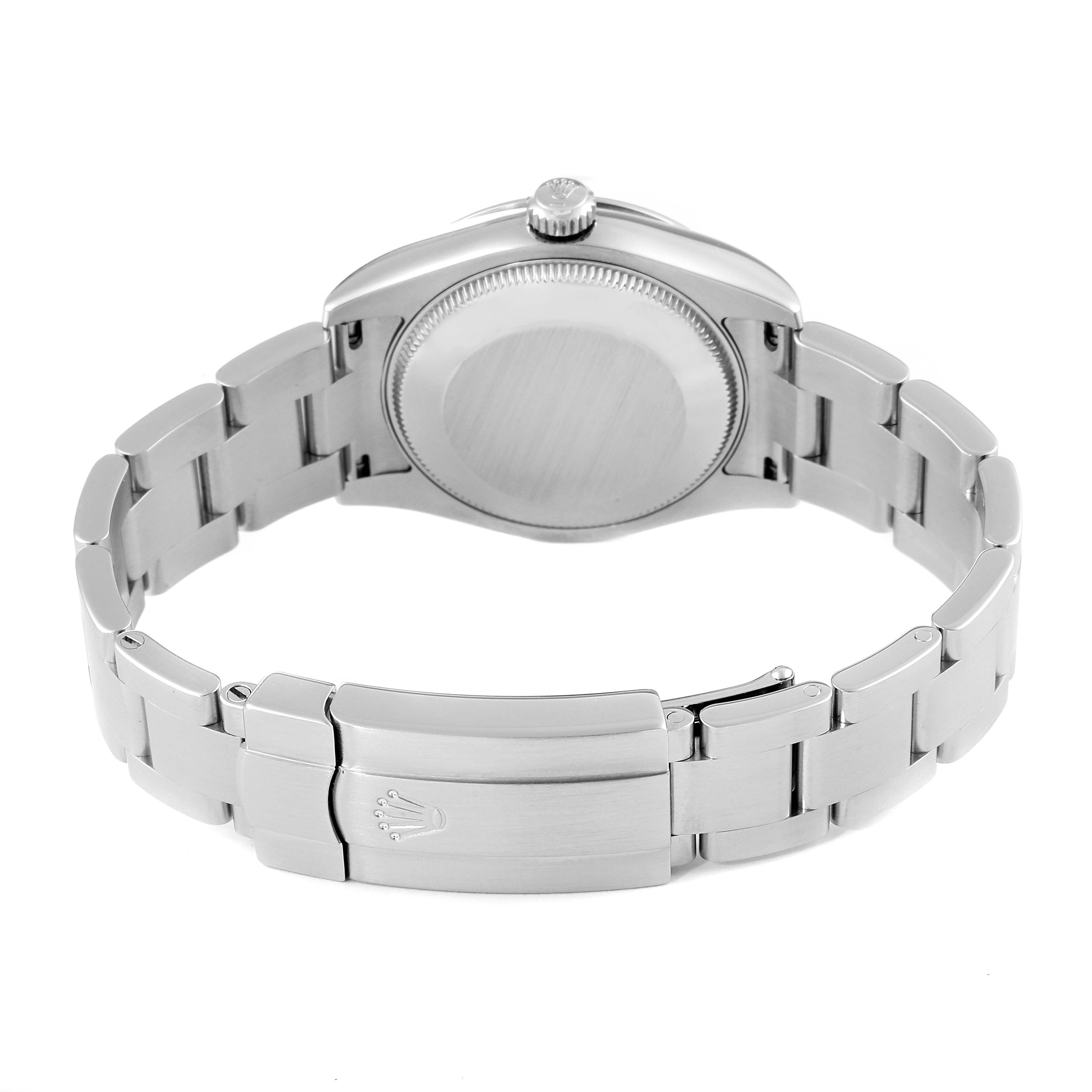 This image shows the back and clasp of a Mid-Size Rolex watch, featuring a metal bracelet and a closed case back.