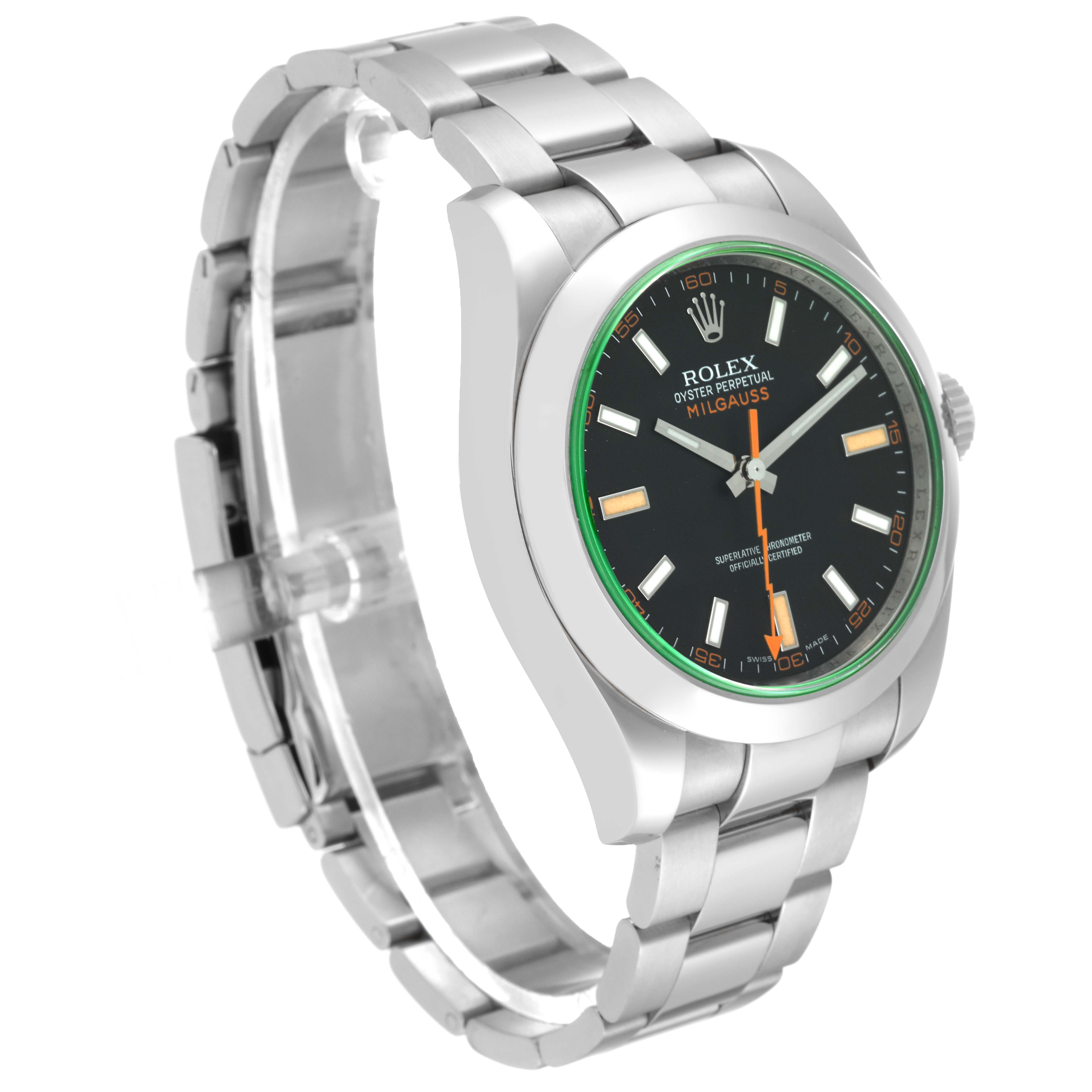 The Rolex Milgauss 116400 Men's Stainless Steel Black Dial 116400 Men's Stainless Steel Black Dial watch is shown at an oblique angle featuring its dial, bezel, and stainless steel bracelet.