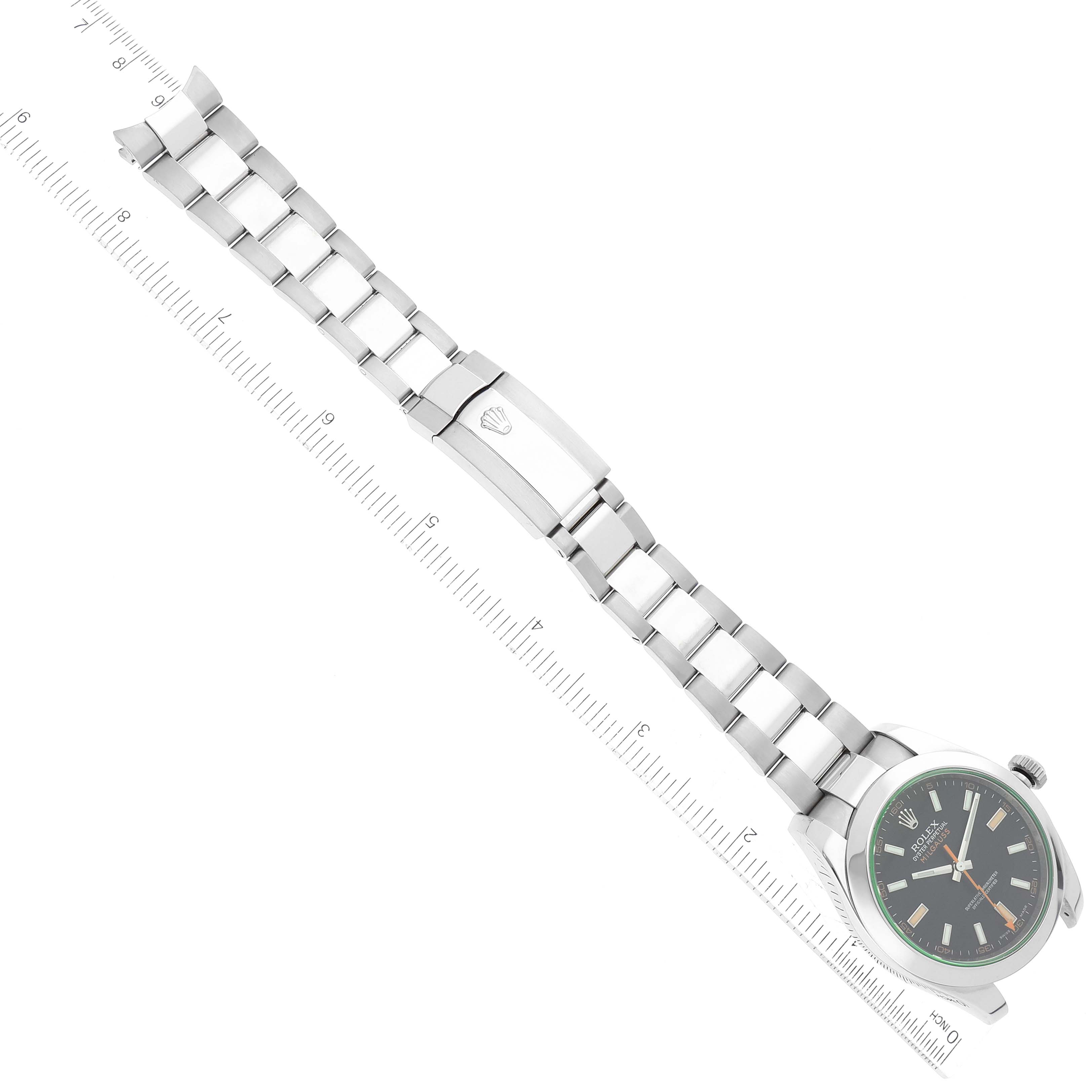 The image shows the Rolex Milgauss 116400 Men's Stainless Steel Black Dial 116400 Men's Stainless Steel Black Dial watch laying flat with its dial and full bracelet, including the clasp.