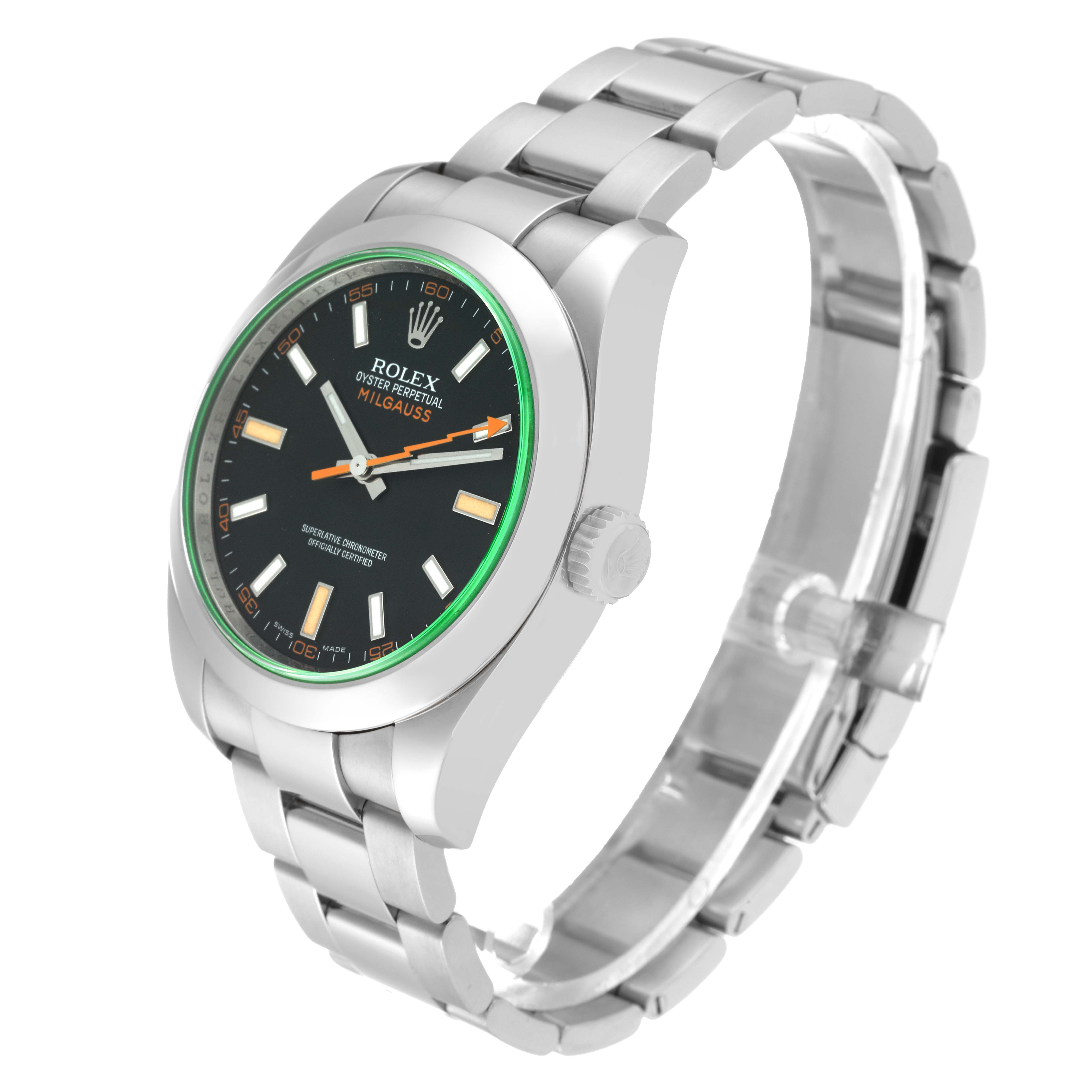 This image shows a Rolex Milgauss 116400 Men's Stainless Steel Black Dial 116400 Men's Stainless Steel Black Dial watch at an angled front view, highlighting the dial, bezel, case, crown, and bracelet.