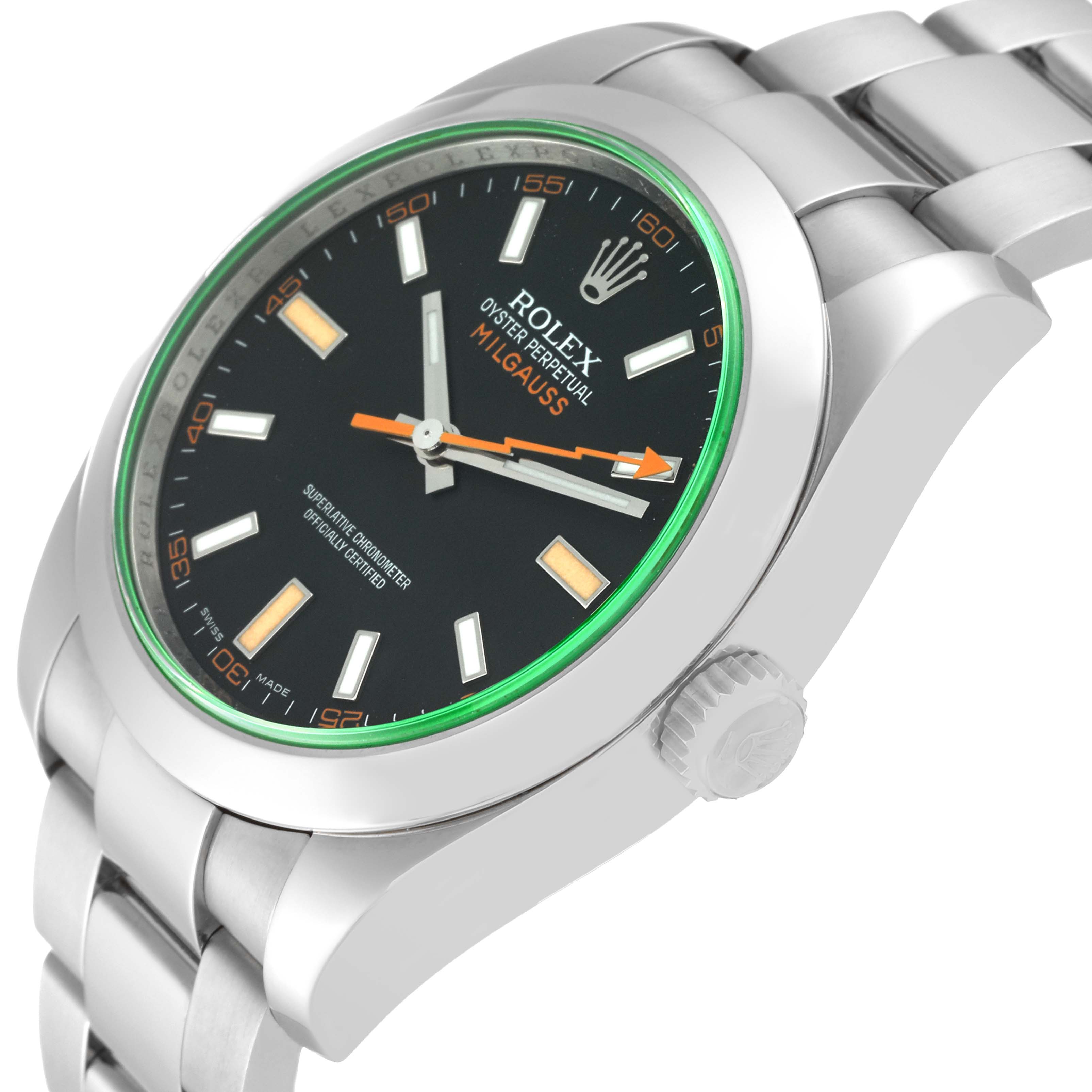 The image shows a Rolex Milgauss 116400 Men's Stainless Steel Black Dial 116400 Men's Stainless Steel Black Dial watch at an angle highlighting the face, bezel, crown, and bracelet.