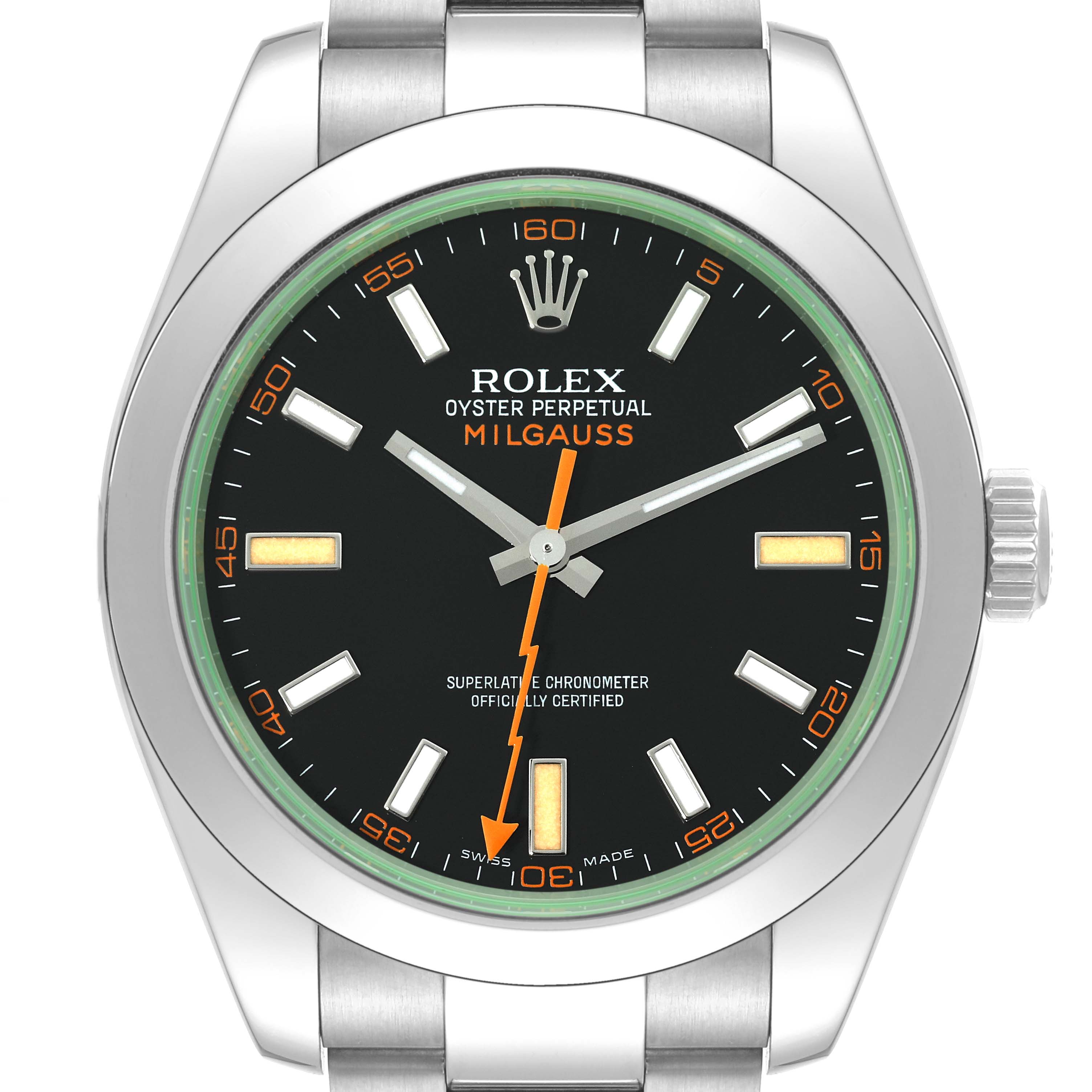 This image shows a front view of the Rolex Milgauss 116400 Men's Stainless Steel Black Dial 116400 Men's Stainless Steel Black Dial watch, highlighting its dial, bezel, and part of the bracelet.