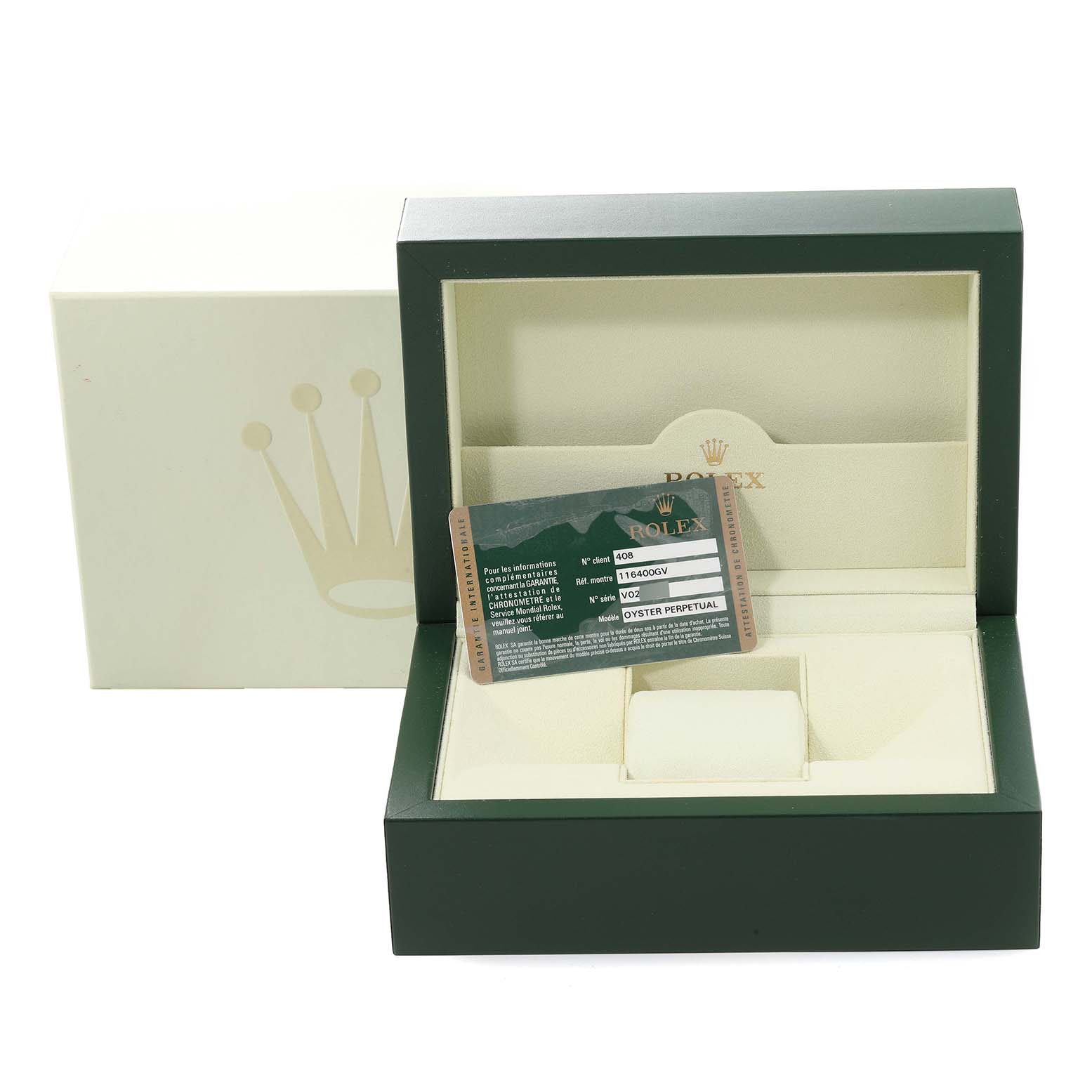 The image shows an open Rolex Milgauss 116400 Men's Stainless Steel Black Dial 116400 Men's Stainless Steel Black Dial watch box with certification card, viewed from the front.