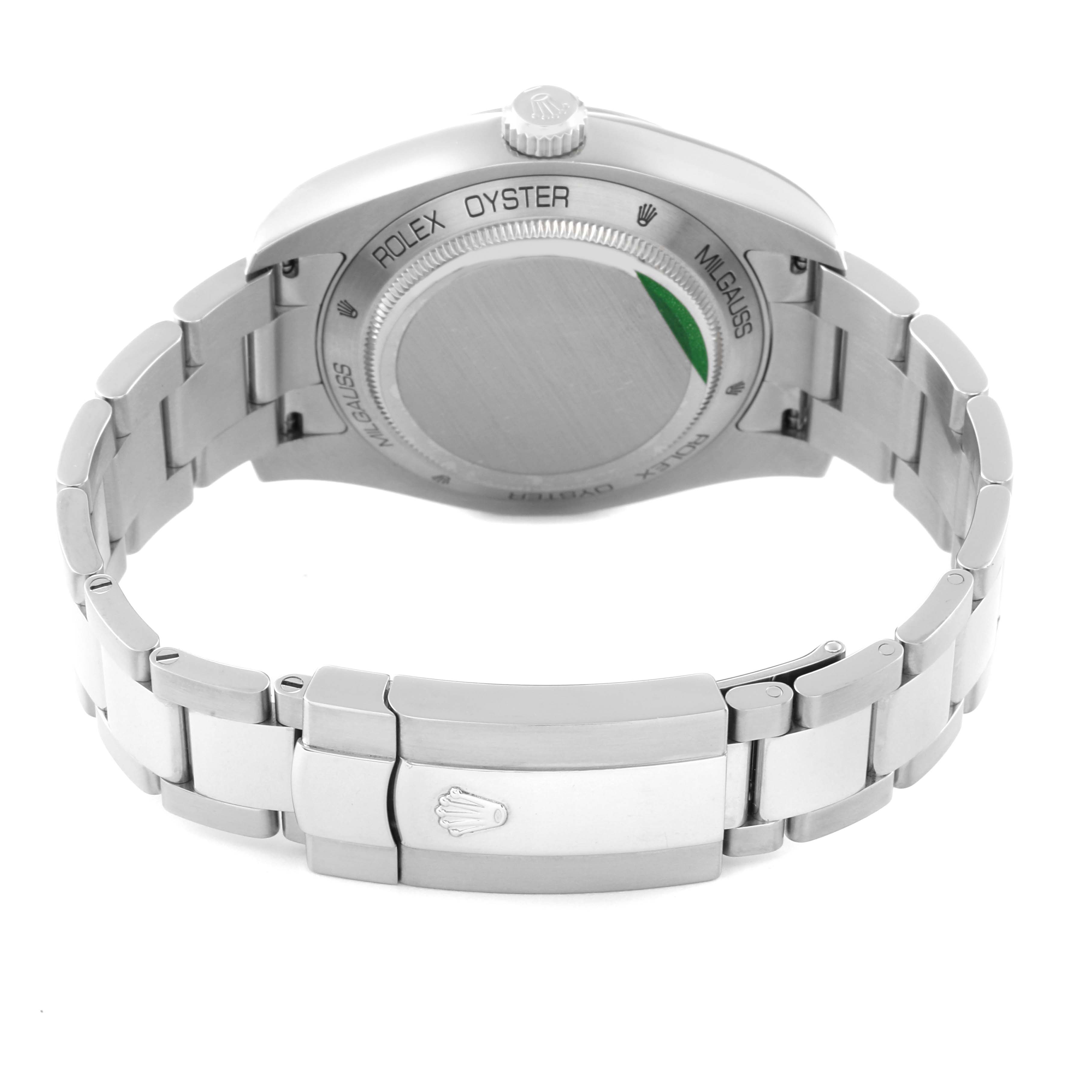 The image shows the case back, bracelet, and clasp of a Rolex Milgauss 116400 Men's Stainless Steel Black Dial 116400 Men's Stainless Steel Black Dial watch from a rear angle.