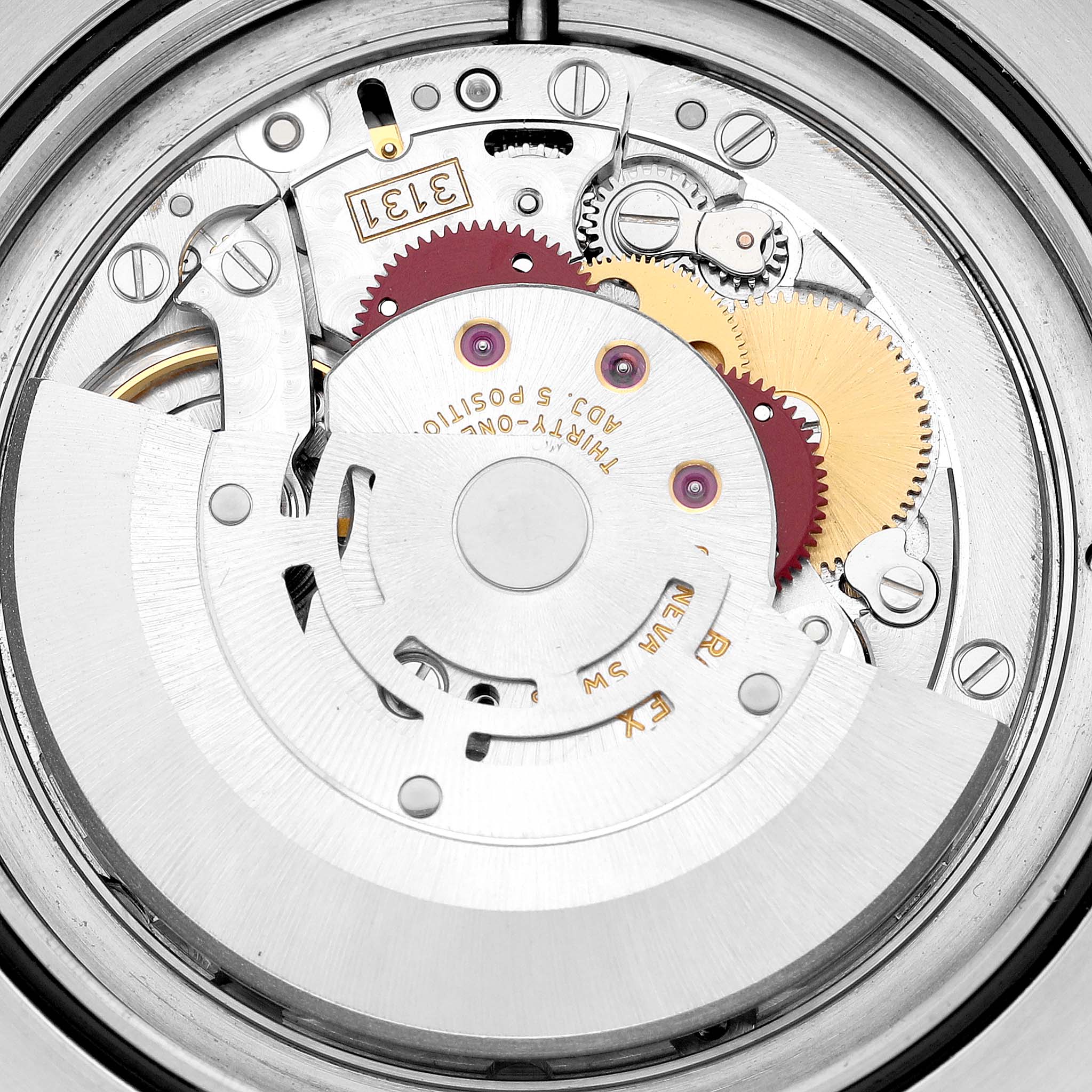 This image shows a close-up view of the movement and internal mechanisms of a Rolex Milgauss 116400 Men's Stainless Steel Black Dial 116400 Men's Stainless Steel Black Dial watch.