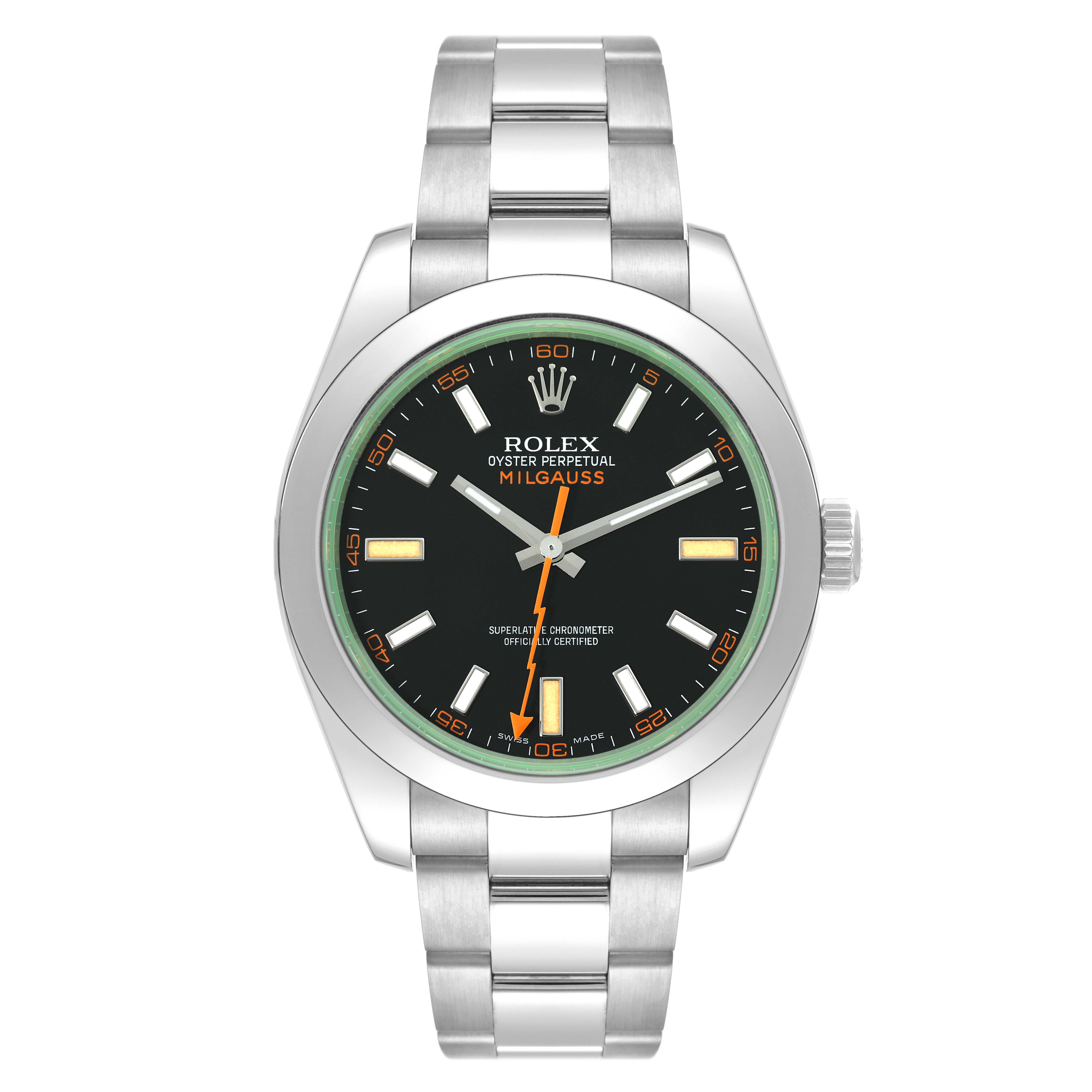 The Rolex Milgauss 116400 Men's Stainless Steel Black Dial 116400 Men's Stainless Steel Black Dial watch is shown from a front angle, featuring the dial, hands, case, and bracelet.