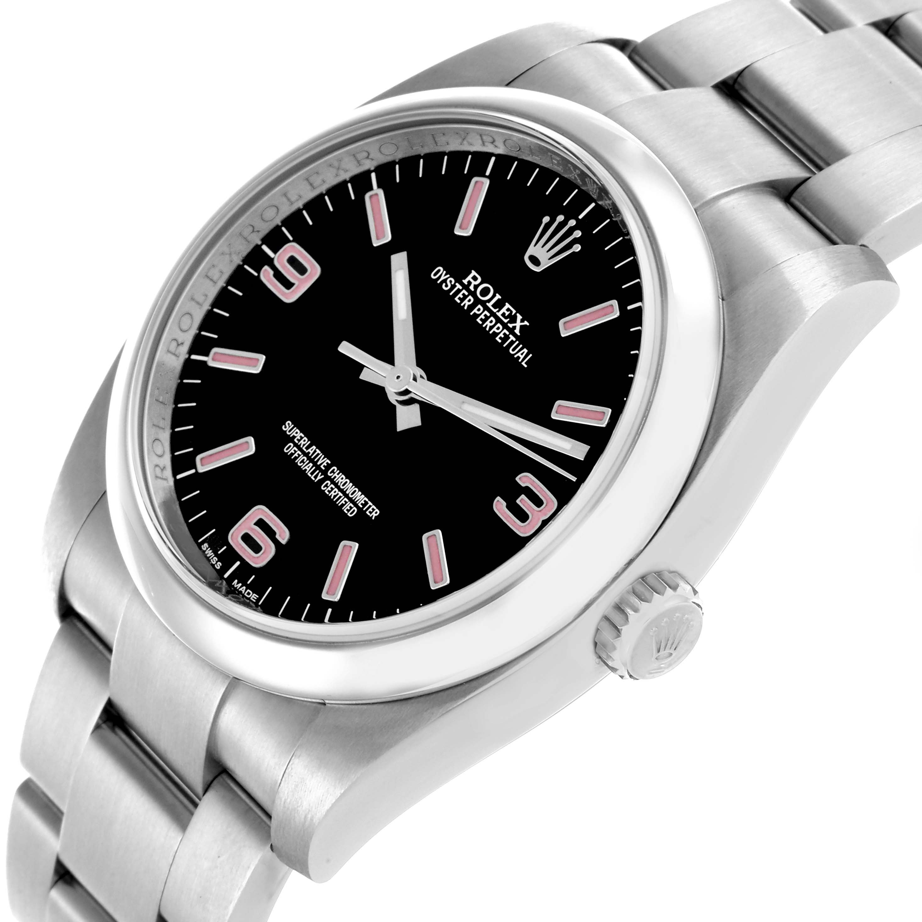 The Rolex Oyster Perpetual 116000 Men
s Stainless Steel Black Dial 116000 Men
s Stainless Steel Black Dial watch is shown at an angled side view, highlighting the dial, bezel, case, and bracelet.