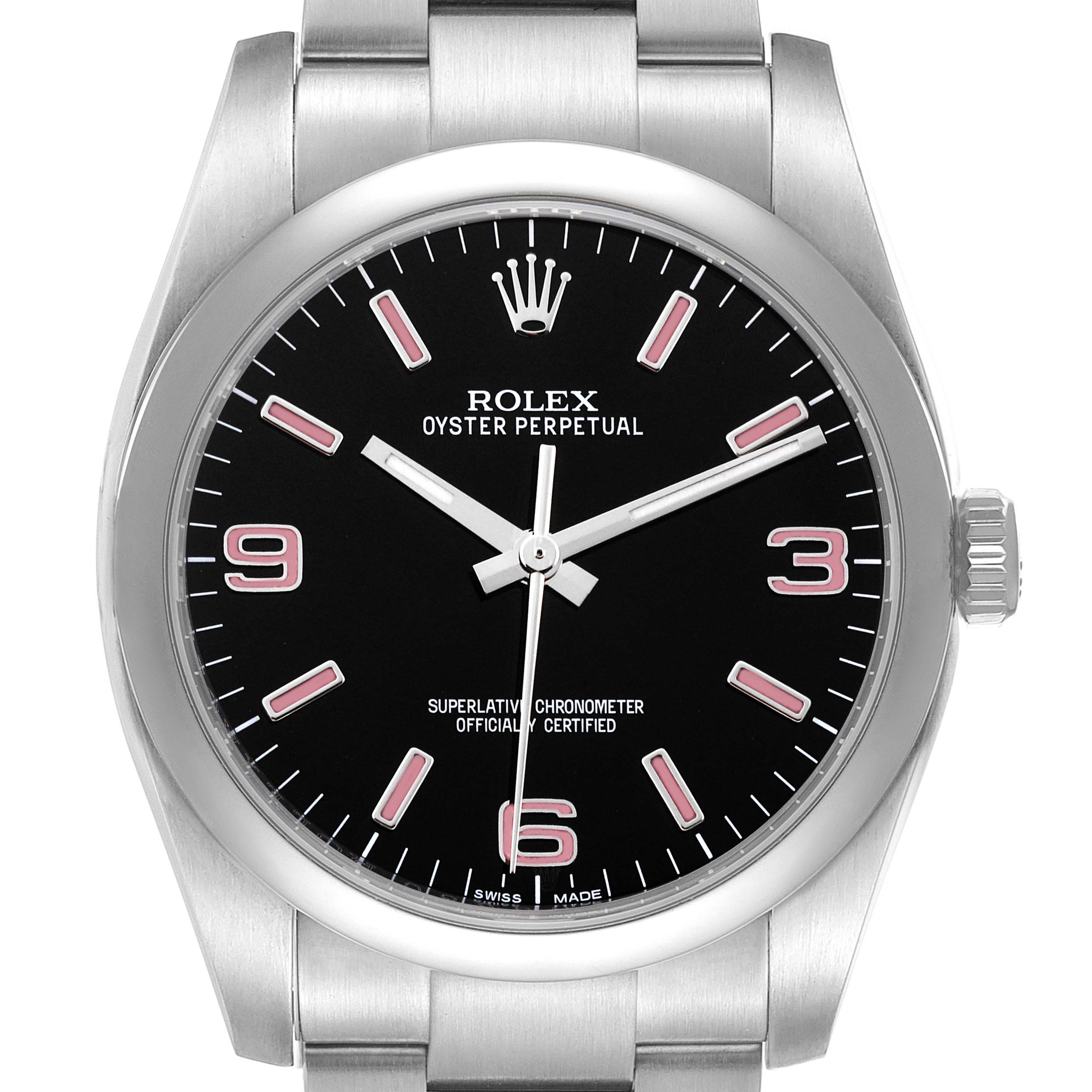 The image shows a front view of the Rolex Oyster Perpetual 116000 Men
s Stainless Steel Black Dial 116000 Men
s Stainless Steel Black Dial watch, highlighting the dial, bezel, and part of the bracelet.