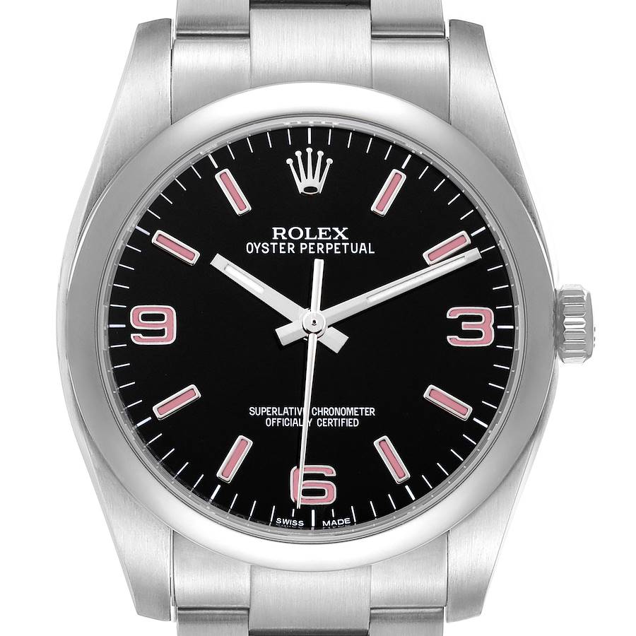 The image shows a front view of the Rolex Oyster Perpetual watch, highlighting the dial, bezel, and part of the bracelet.