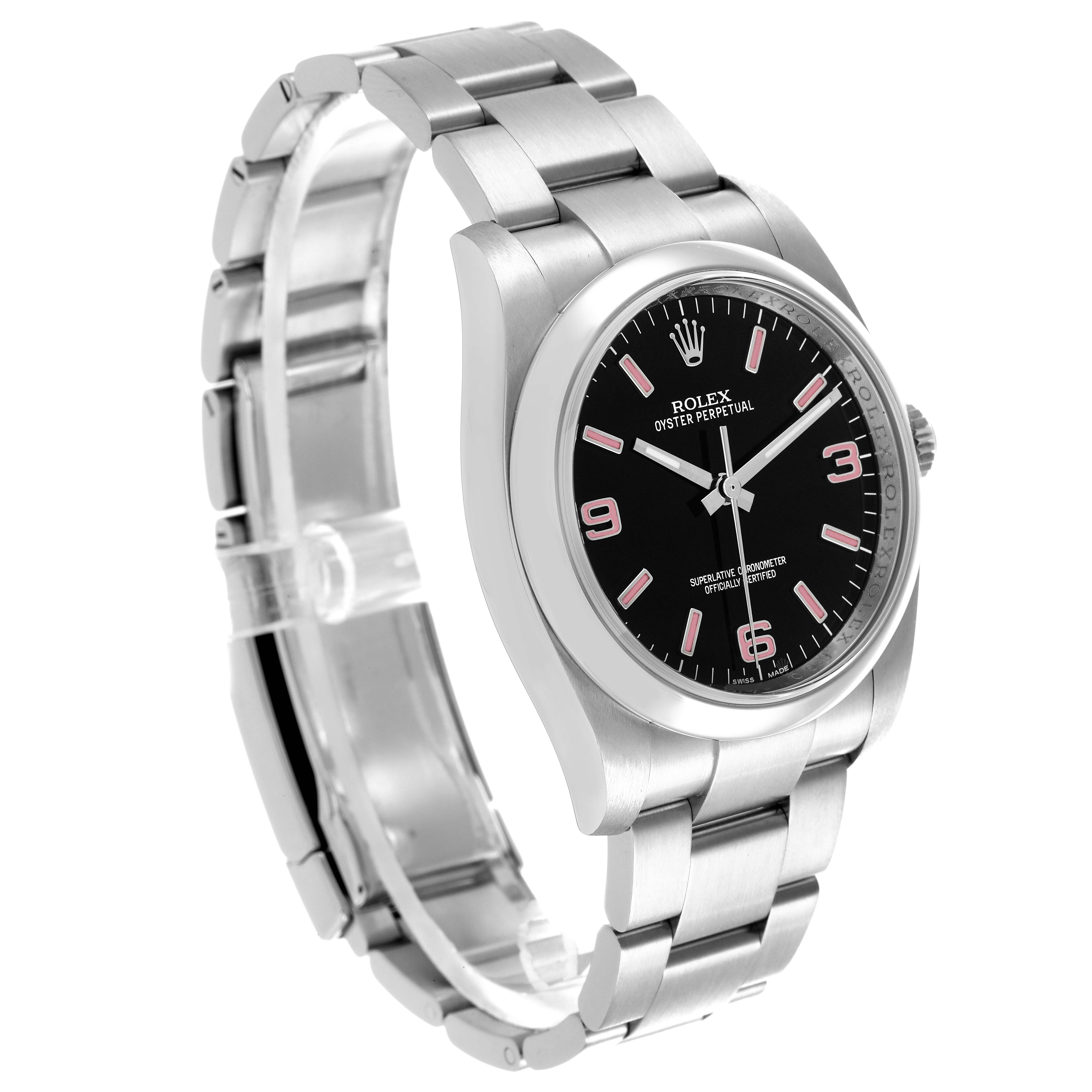 The Rolex Oyster Perpetual 116000 Men
s Stainless Steel Black Dial 116000 Men
s Stainless Steel Black Dial watch is shown in a left-side angle, highlighting the face, bezel, and bracelet.