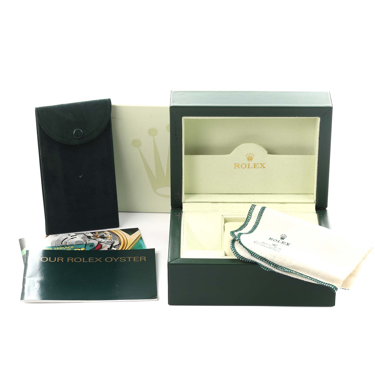 The image shows a Rolex Oyster Perpetual 116000 Men
s Stainless Steel Black Dial 116000 Men
s Stainless Steel Black Dial box with a cloth, a manual, and protective accessories from a front angle.