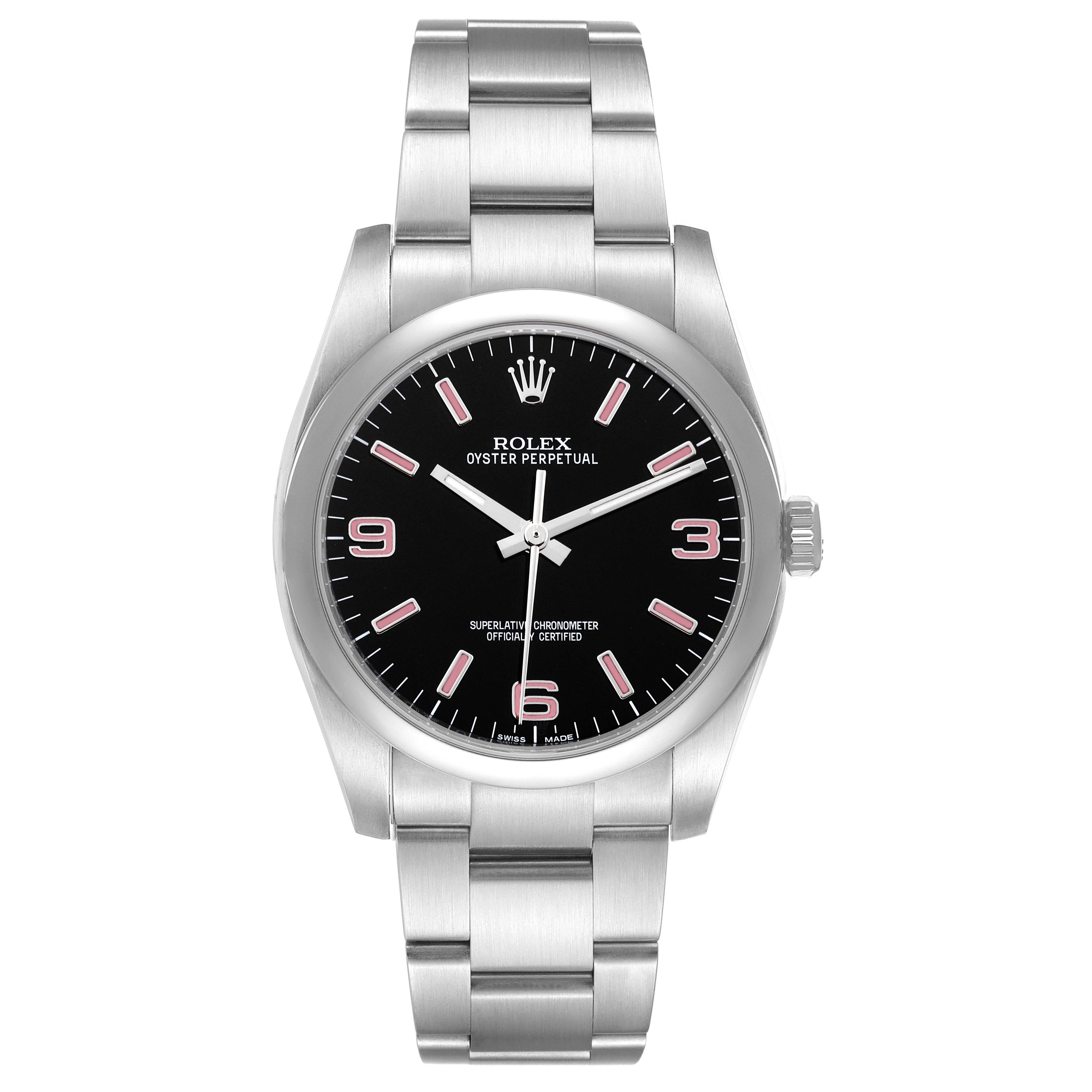 The Rolex Oyster Perpetual 116000 Men
s Stainless Steel Black Dial 116000 Men
s Stainless Steel Black Dial watch is shown from the front, displaying the dial, hands, and bracelet.