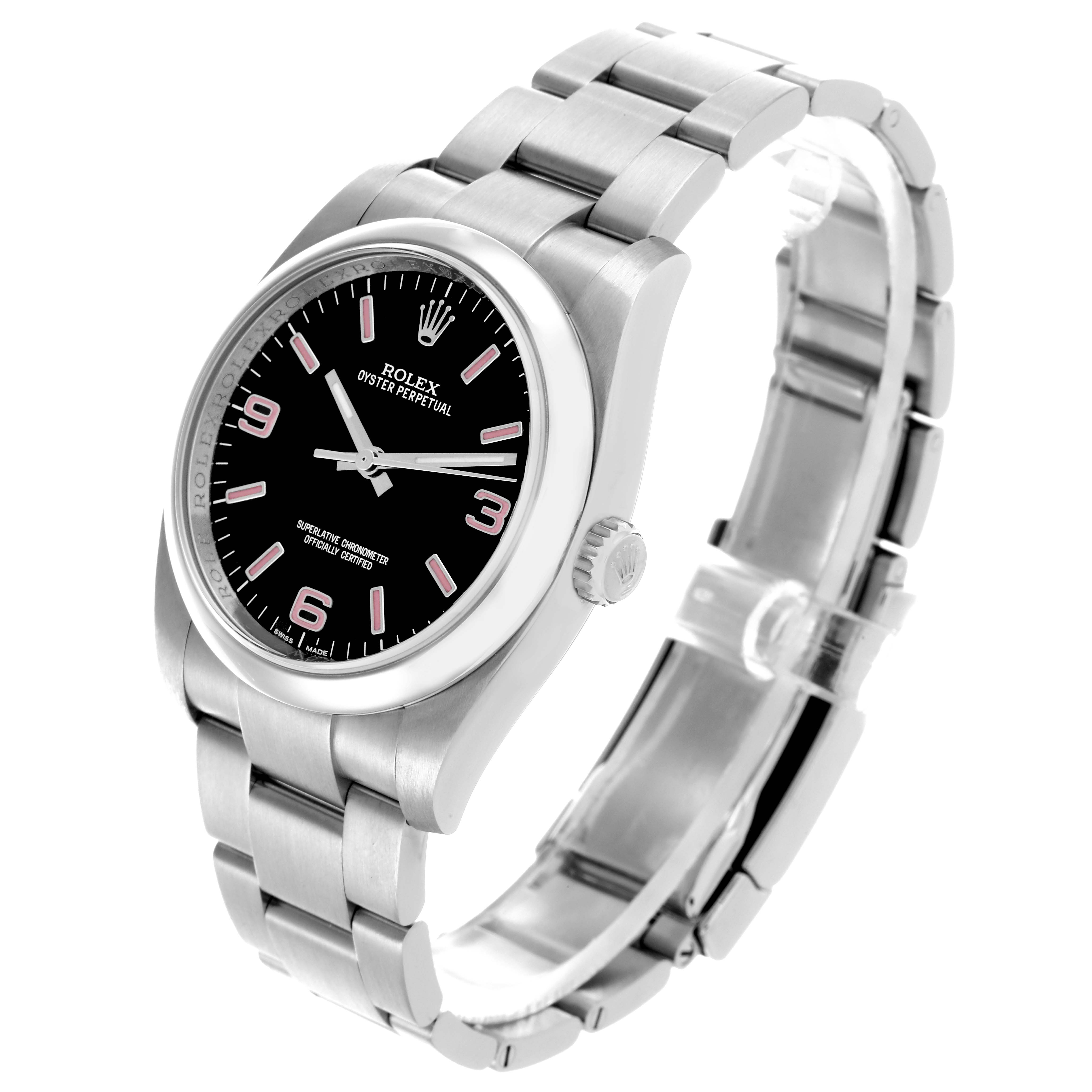 The Rolex Oyster Perpetual 116000 Men
s Stainless Steel Black Dial 116000 Men
s Stainless Steel Black Dial watch is shown at a slight angle, displaying the face, bezel, crown, and stainless steel bracelet.