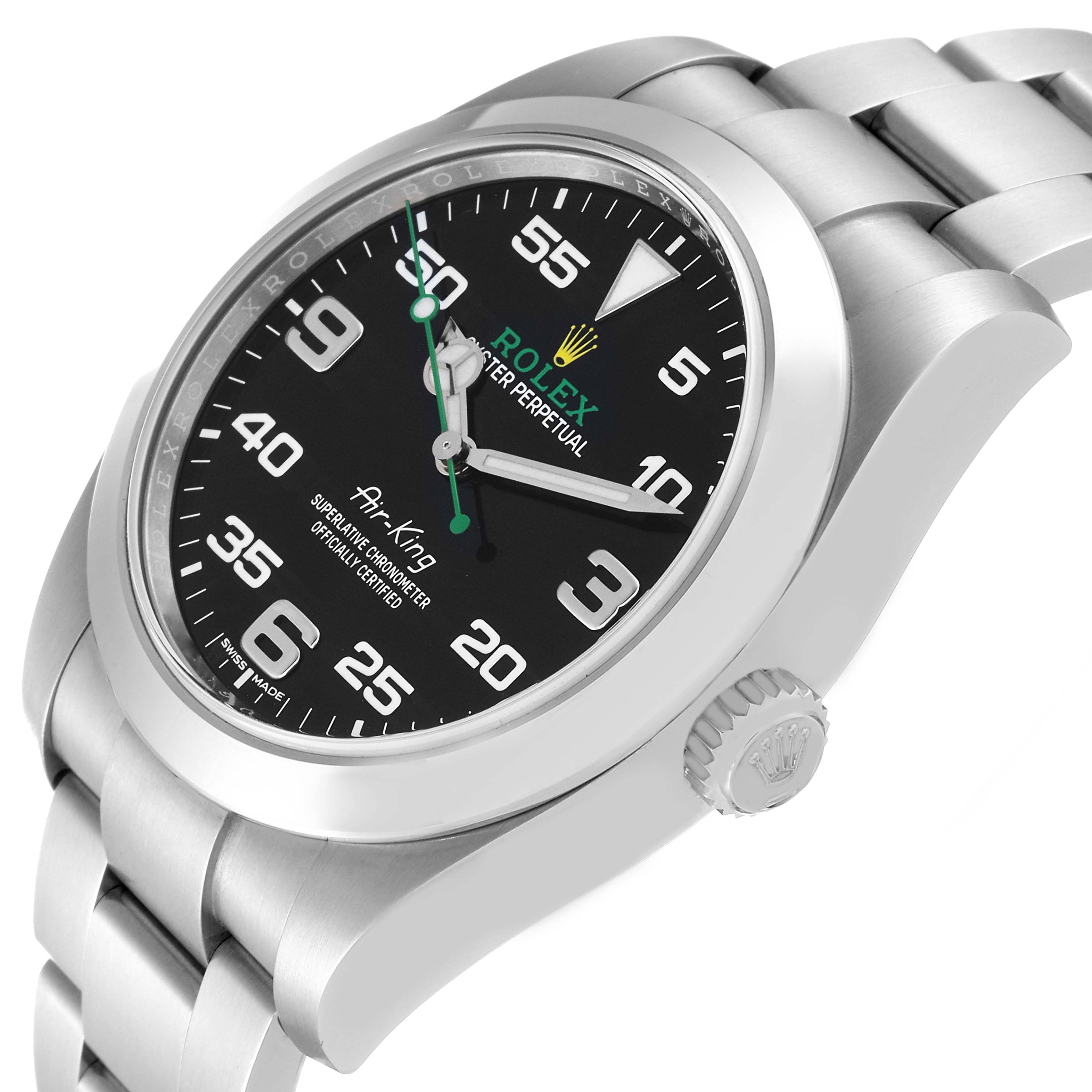 The image displays a side angle of a Rolex Air-King 116900 Men's Stainless Steel Black Dial 116900 Men's Stainless Steel Black Dial watch, highlighting its bezel, crown, and bracelet.