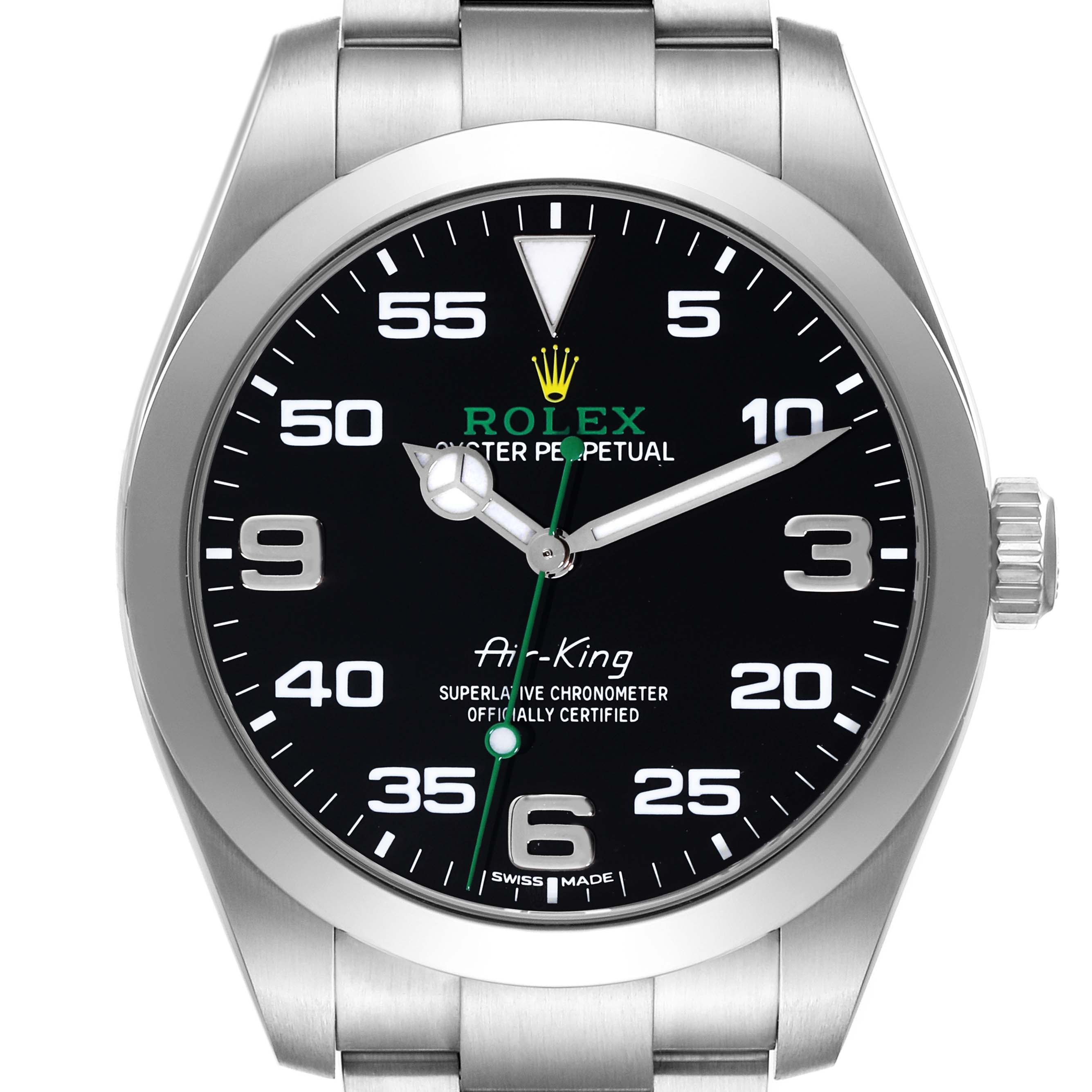 This image shows a front view of the watch face and upper bracelet of the Rolex Air-King 116900 Men's Stainless Steel Black Dial 116900 Men's Stainless Steel Black Dial model.