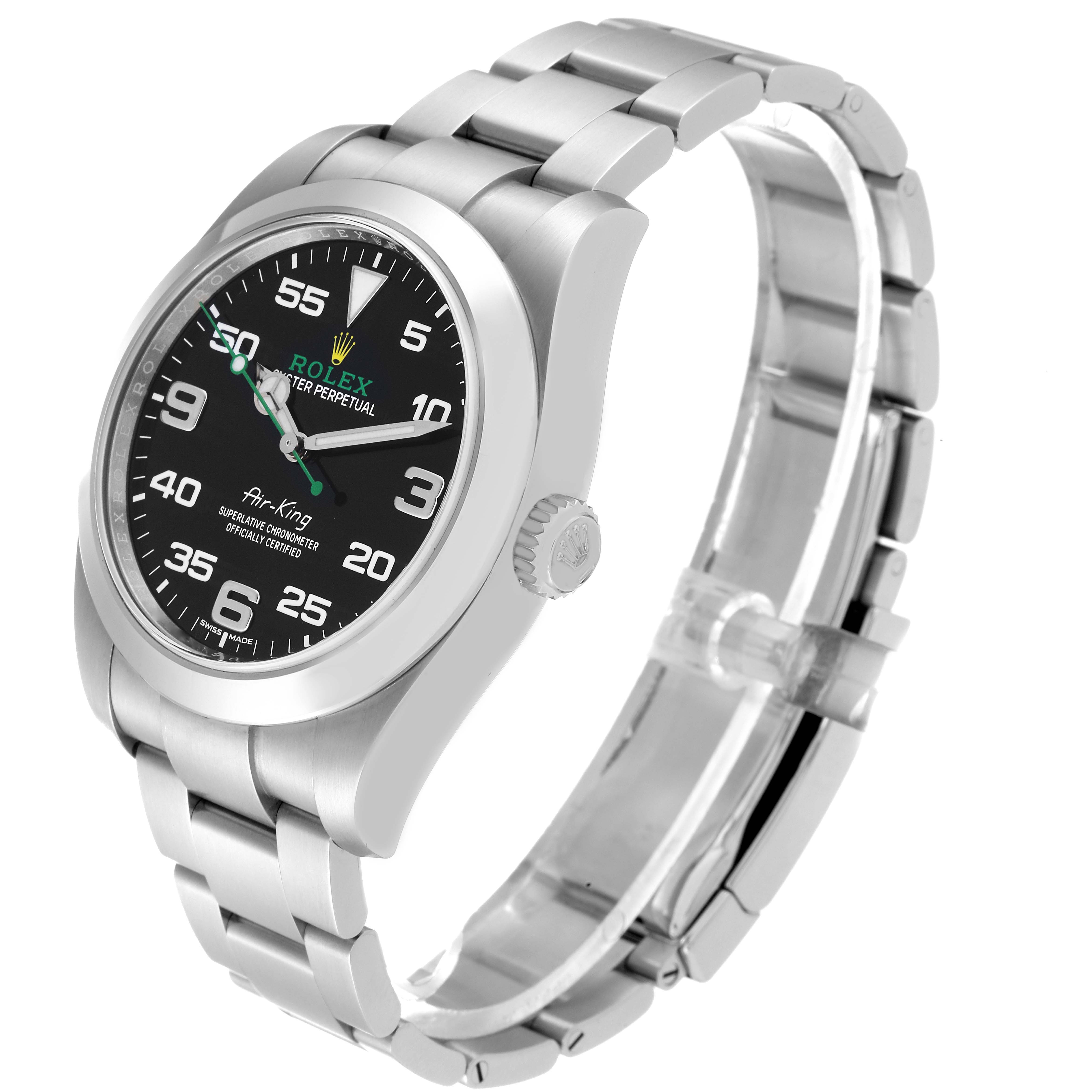 The Rolex Air-King 116900 Men's Stainless Steel Black Dial 116900 Men's Stainless Steel Black Dial watch is shown at a three-quarter angle, highlighting the face, bezel, crown, and stainless steel bracelet.