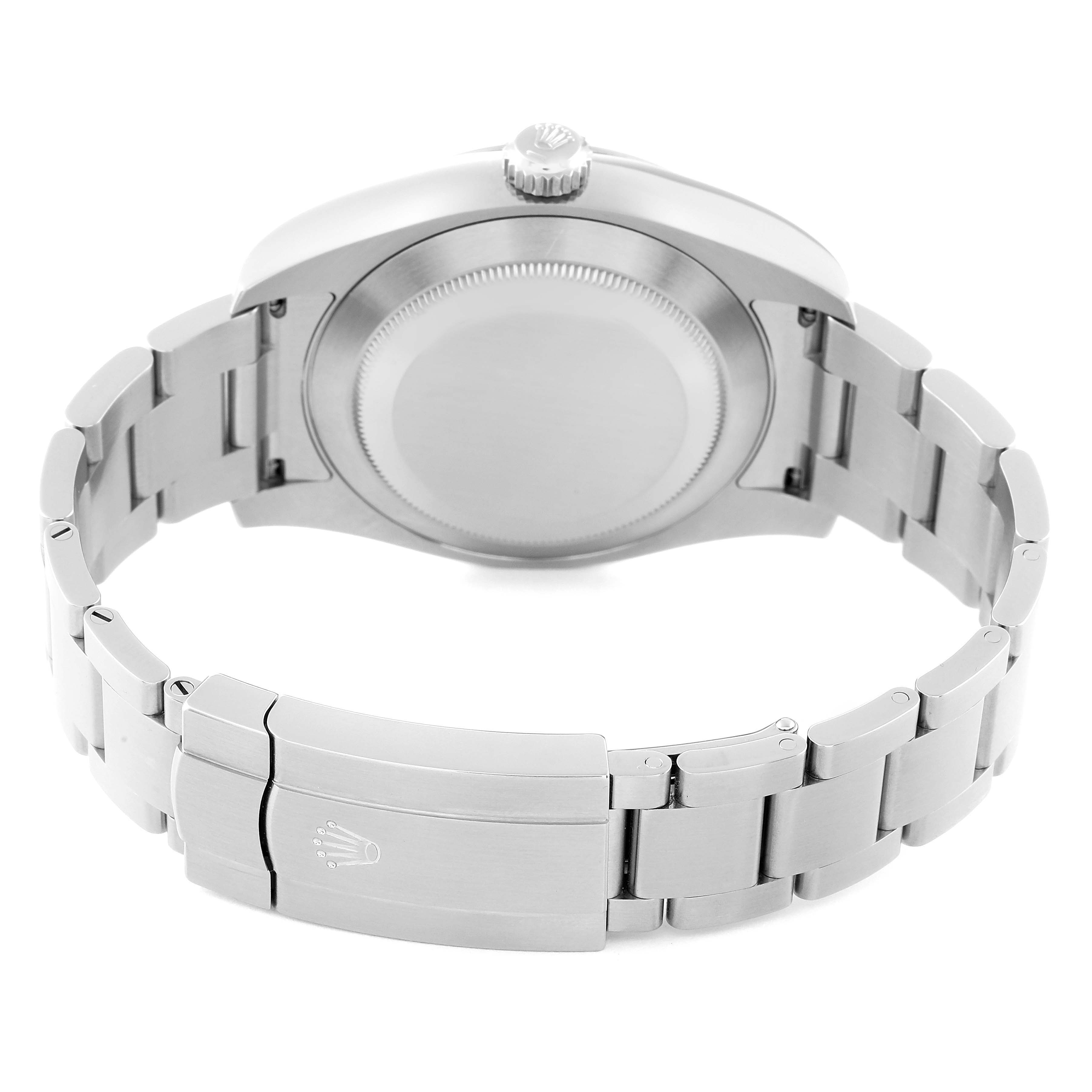 The image shows the back case and bracelet of a Rolex Air-King 116900 Men's Stainless Steel Black Dial 116900 Men's Stainless Steel Black Dial watch viewed from the rear.