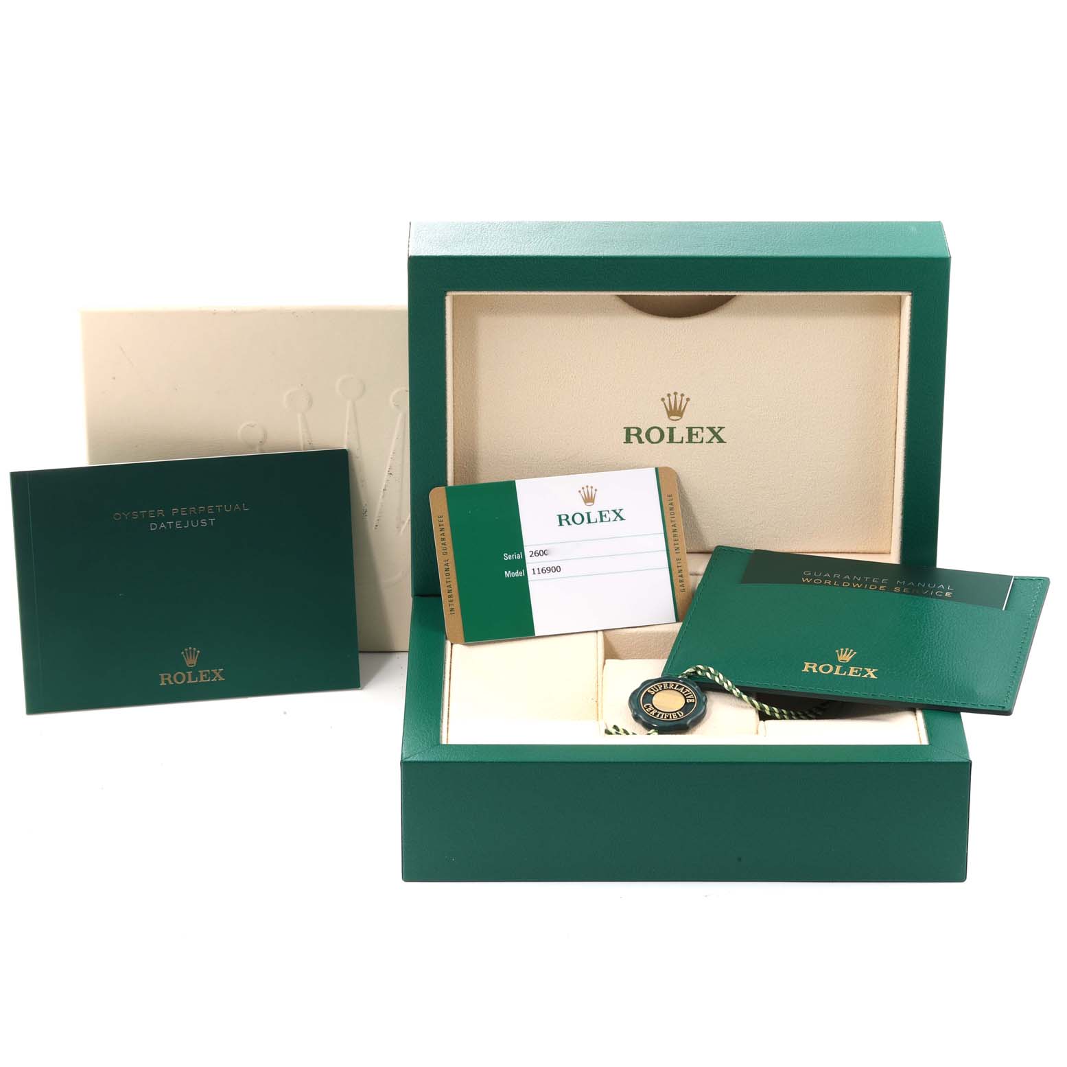The image shows the packaging and documentation for a Rolex Air-King 116900 Men's Stainless Steel Black Dial 116900 Men's Stainless Steel Black Dial watch, including the box, an information card, and manuals.