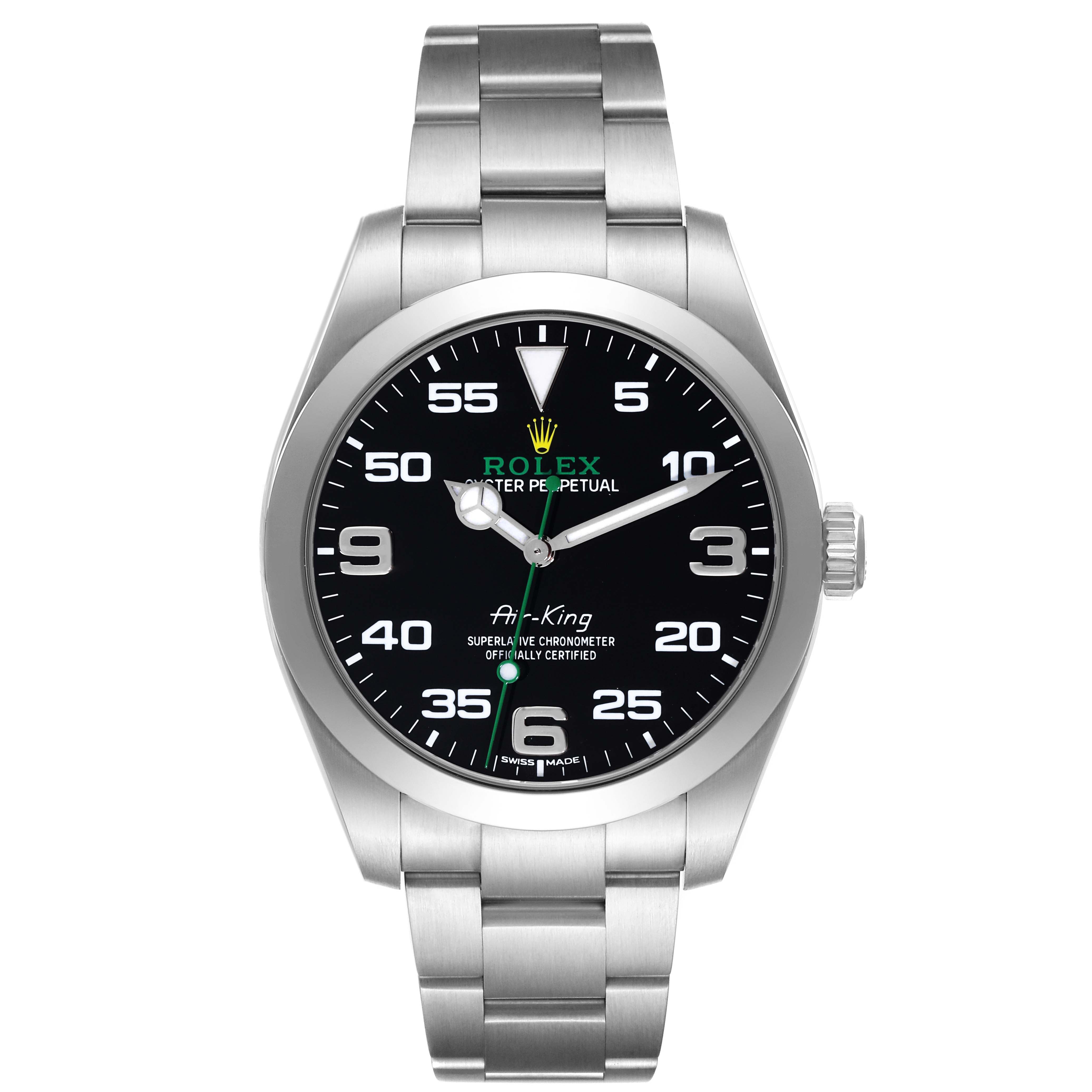 The image shows a front view of the Rolex Air-King 116900 Men's Stainless Steel Black Dial 116900 Men's Stainless Steel Black Dial watch, displaying its dial, case, and bracelet.