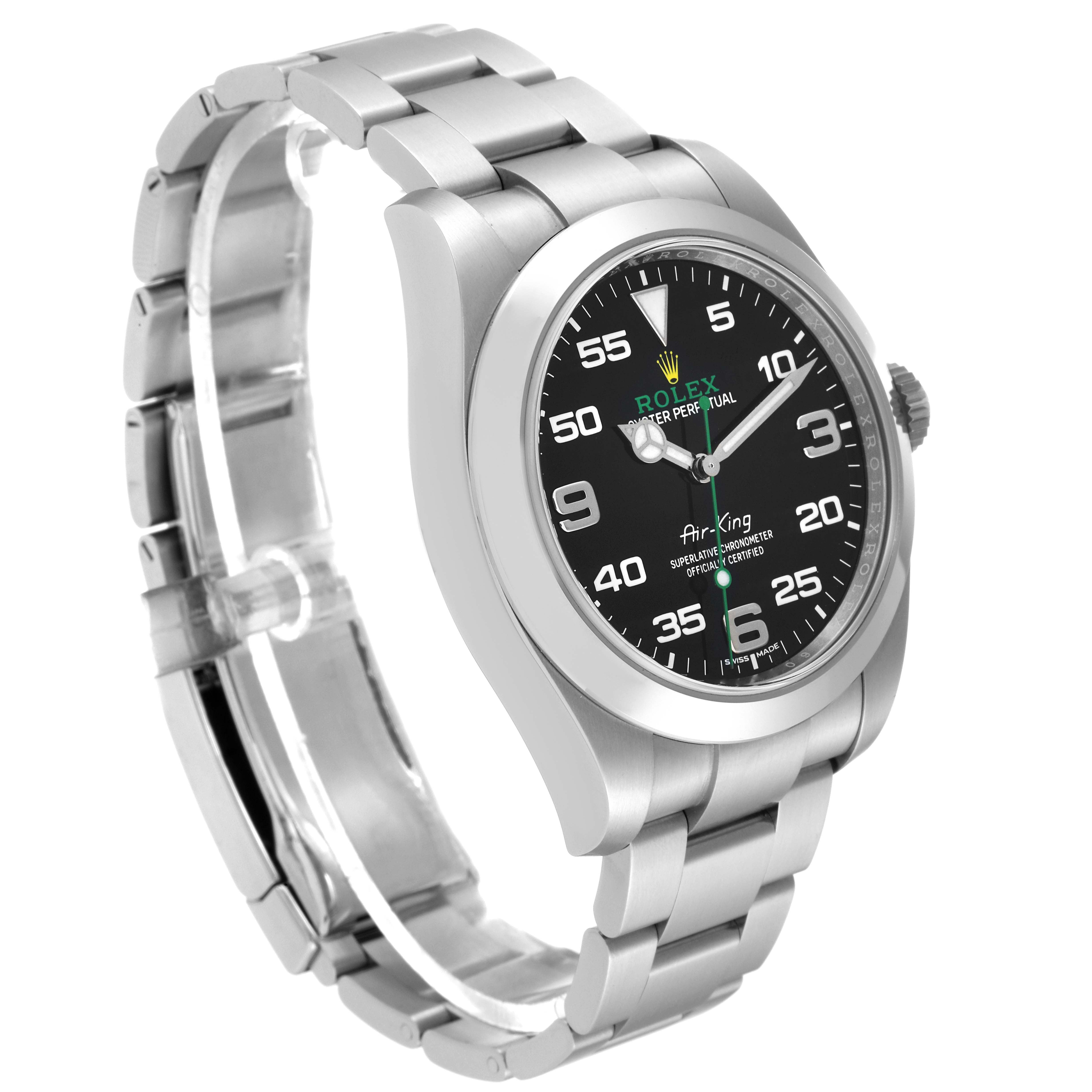 The image shows a Rolex Air-King 116900 Men's Stainless Steel Black Dial 116900 Men's Stainless Steel Black Dial watch at a 3/4 angle, highlighting its face, bezel, and bracelet.