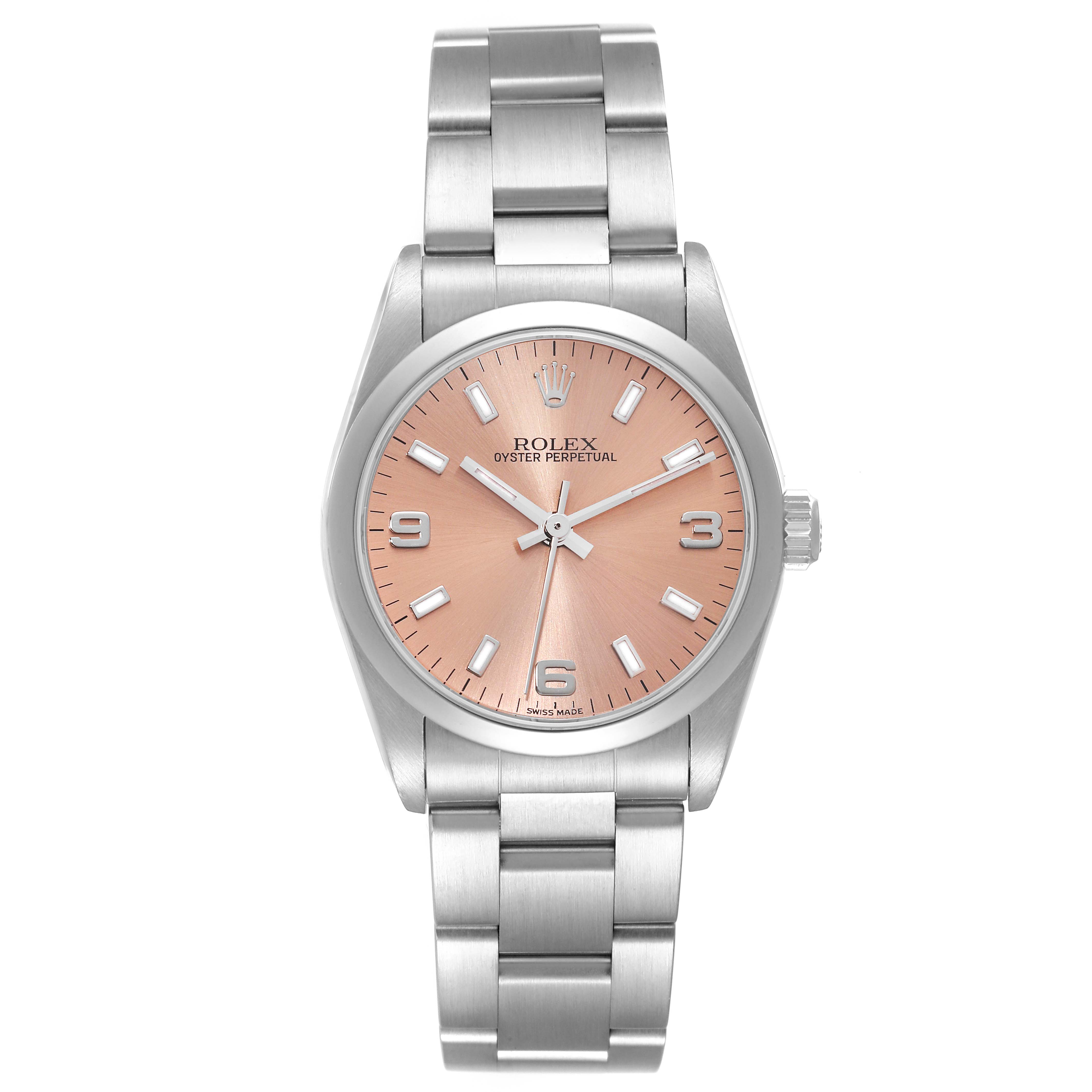 This image shows a Rolex Oyster Perpetual Mid-Size watch from a front view, displaying its face, crown, and bracelet.