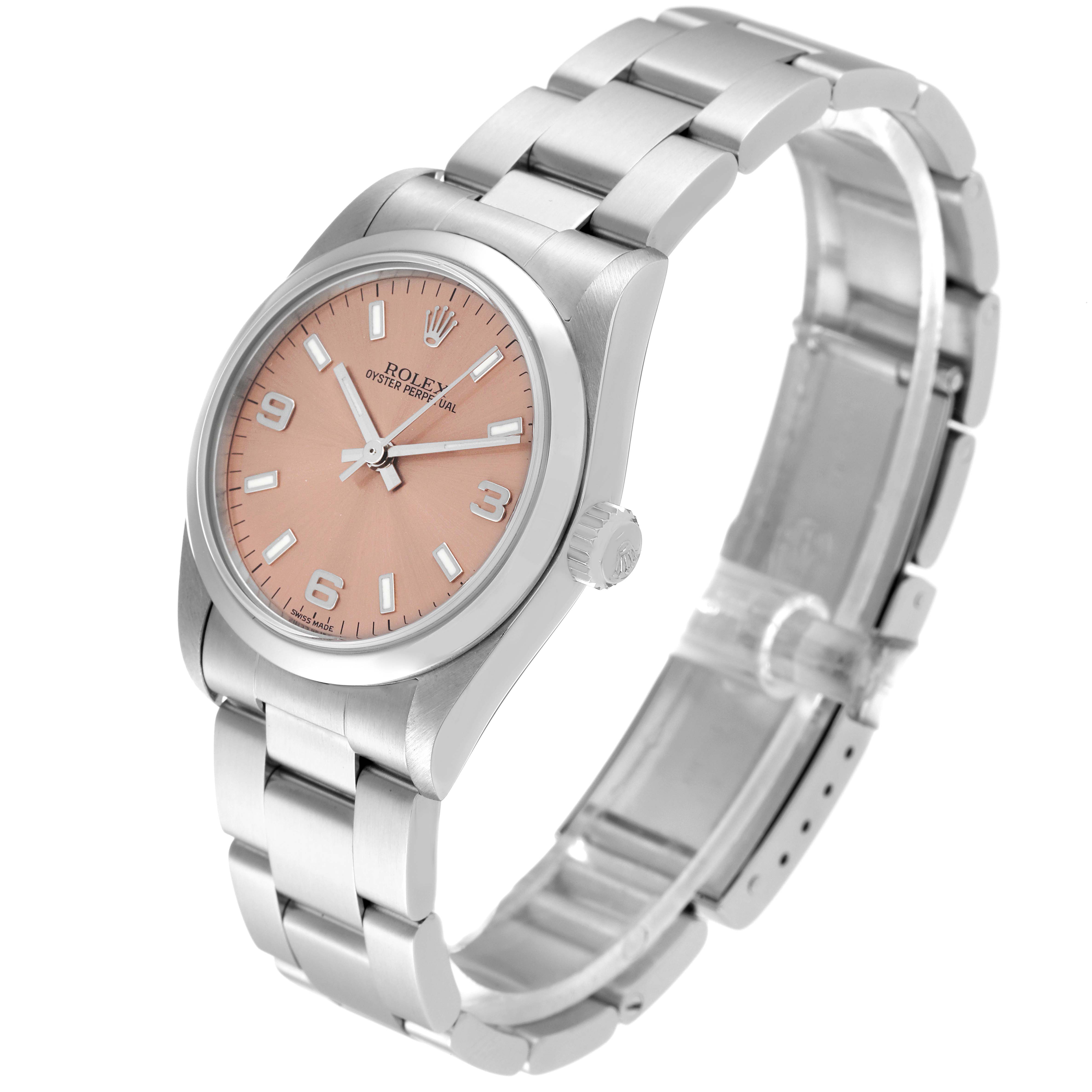 The image shows a side angle view of a Rolex Mid-Size 77080 Women's Stainless Steel Pink Dial 77080 Women's Stainless Steel Pink Dial Oyster Perpetual watch with a pink dial and stainless steel bracelet.