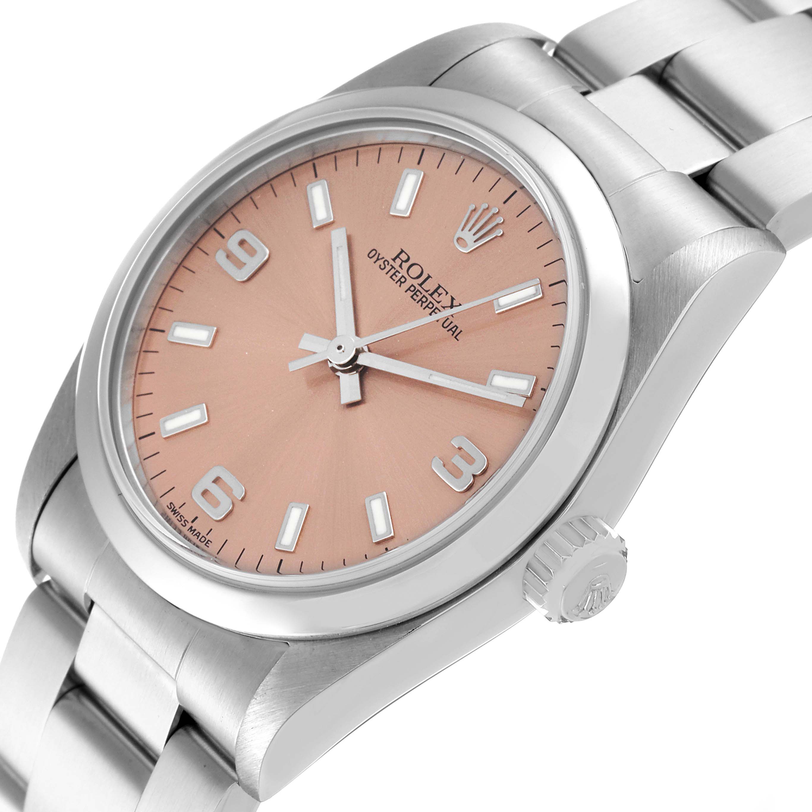 This image shows a Rolex Mid-Size 77080 Women's Stainless Steel Pink Dial 77080 Women's Stainless Steel Pink Dial Oyster Perpetual from an angled side view, highlighting the bracelet, crown, and dial.