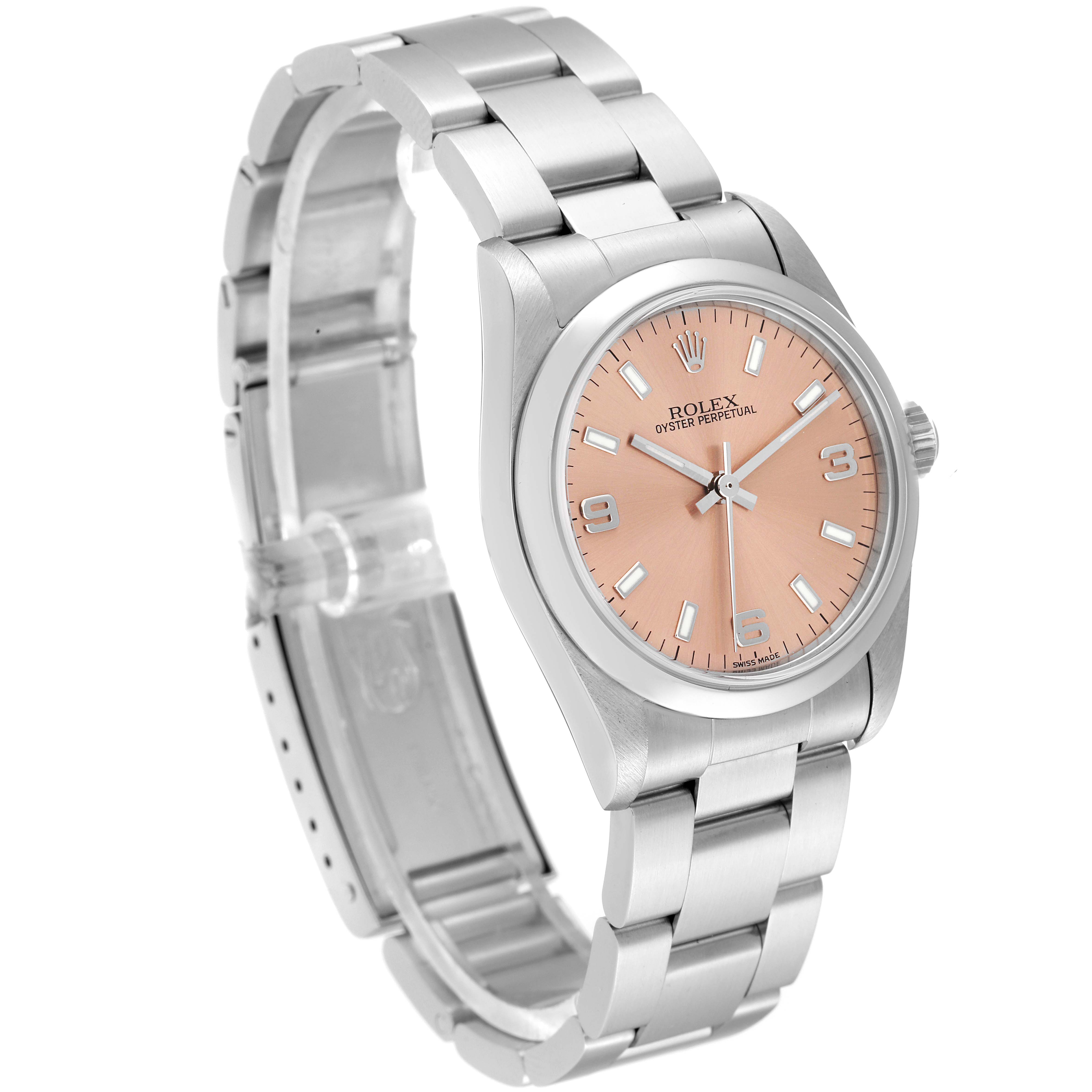 This image shows a Rolex Mid-Size 77080 Women's Stainless Steel Pink Dial 77080 Women's Stainless Steel Pink Dial Oyster Perpetual watch at an angled view, highlighting the pink dial face and stainless steel bracelet.