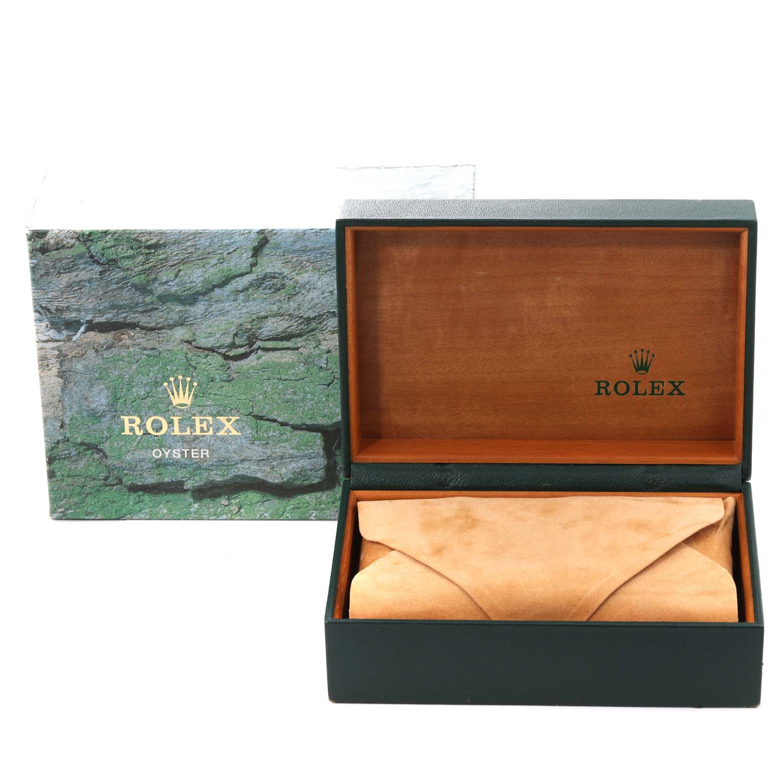 The image shows an open Rolex Oyster box for the Mid-Size model, revealing the inner compartment and a suede pouch.