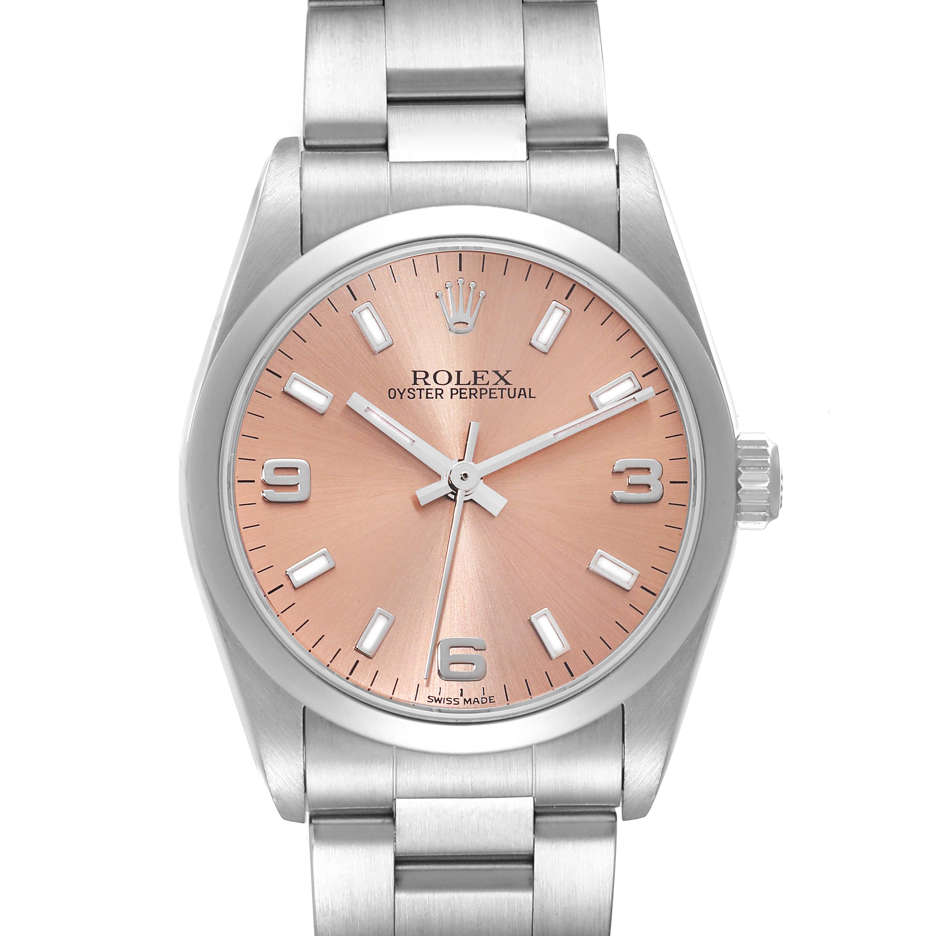 The image shows a front view of a Rolex Oyster Perpetual Mid-Size watch with a pink dial and stainless steel bracelet.