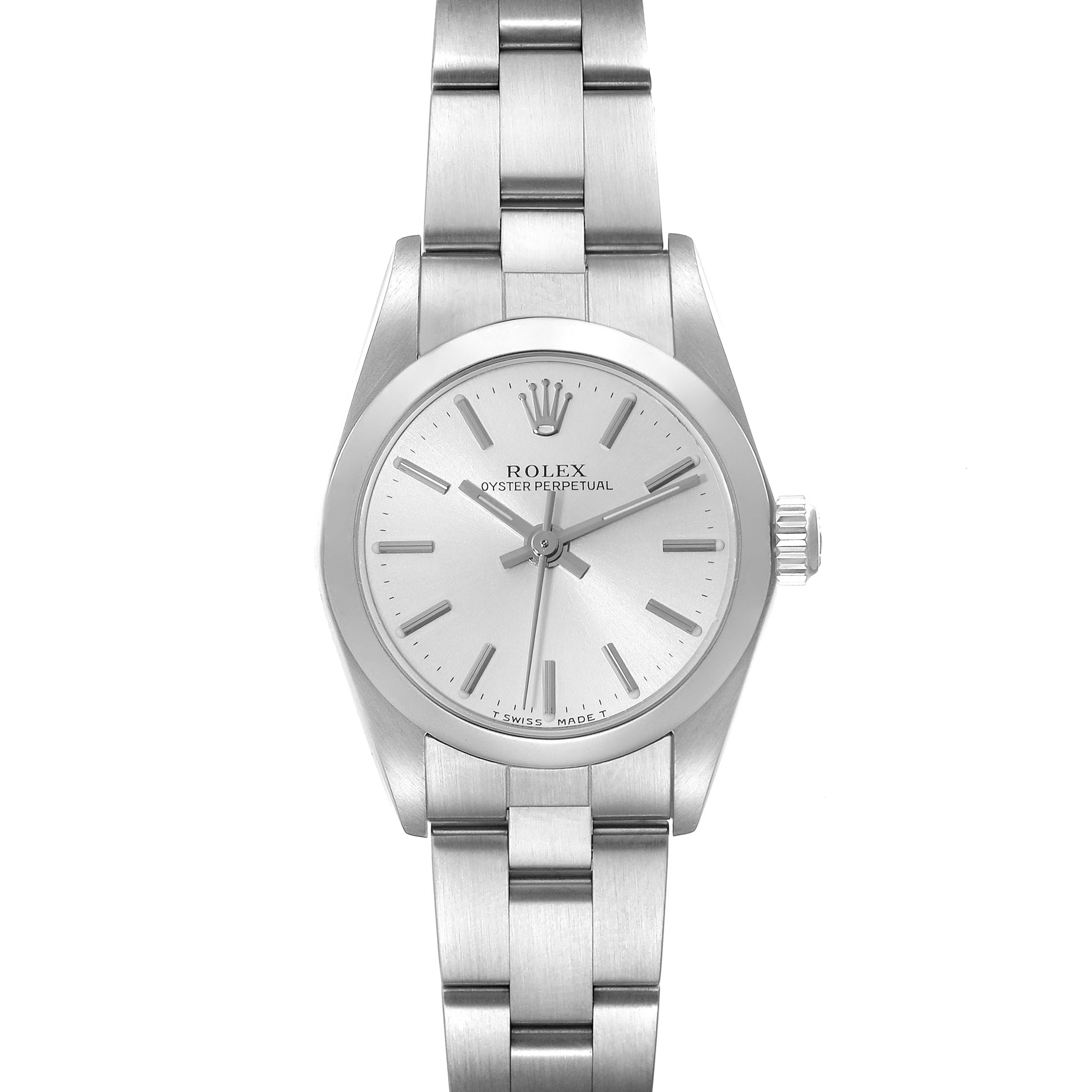 The image shows a front view of a Rolex Oyster Perpetual 76080 Women's Stainless Steel Silver Dial 76080 Women's Stainless Steel Silver Dial watch, highlighting the dial, crown, and bracelet.