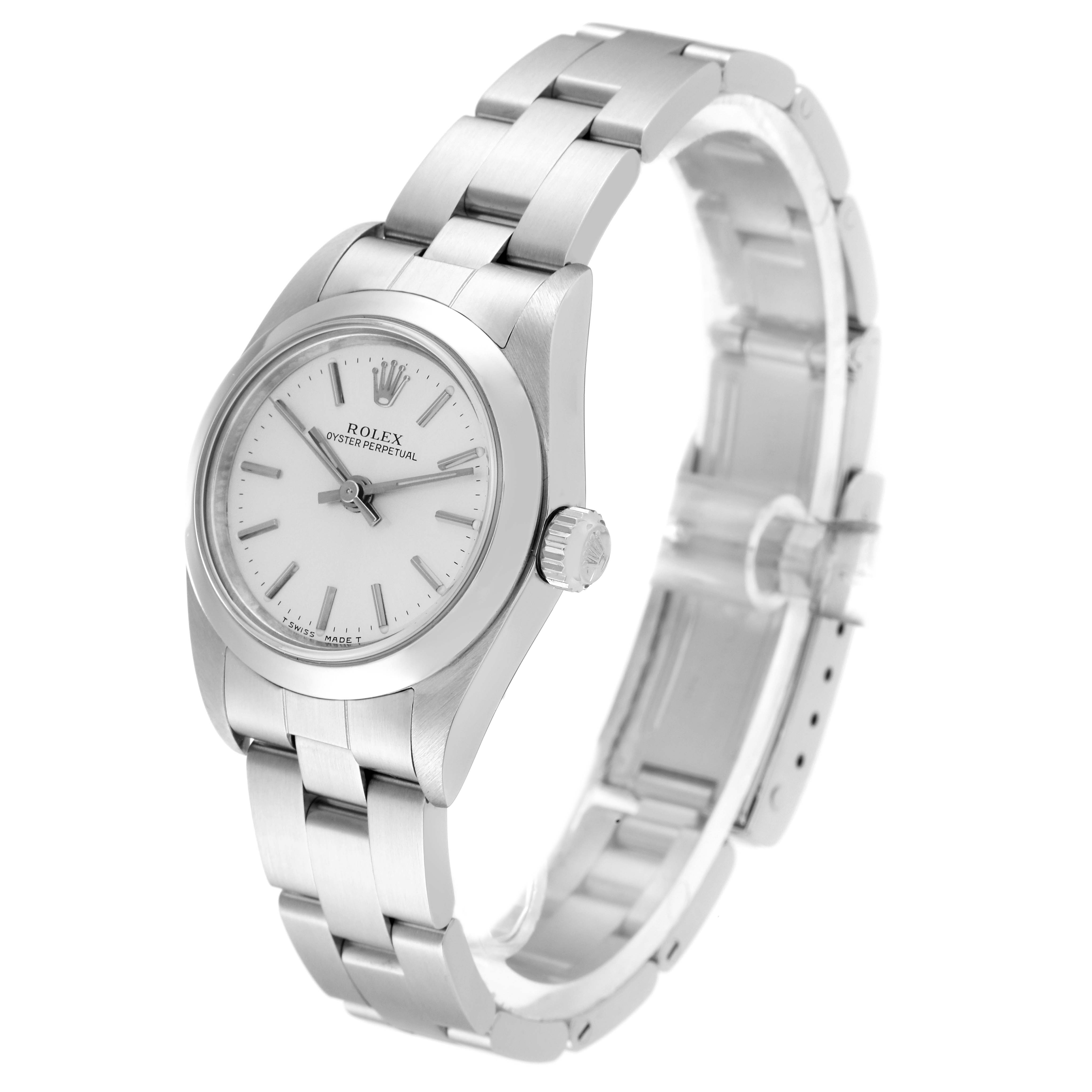 The image shows a side angle of the Rolex Oyster Perpetual 76080 Women's Stainless Steel Silver Dial 76080 Women's Stainless Steel Silver Dial watch, highlighting the face, crown, bracelet, and clasp.