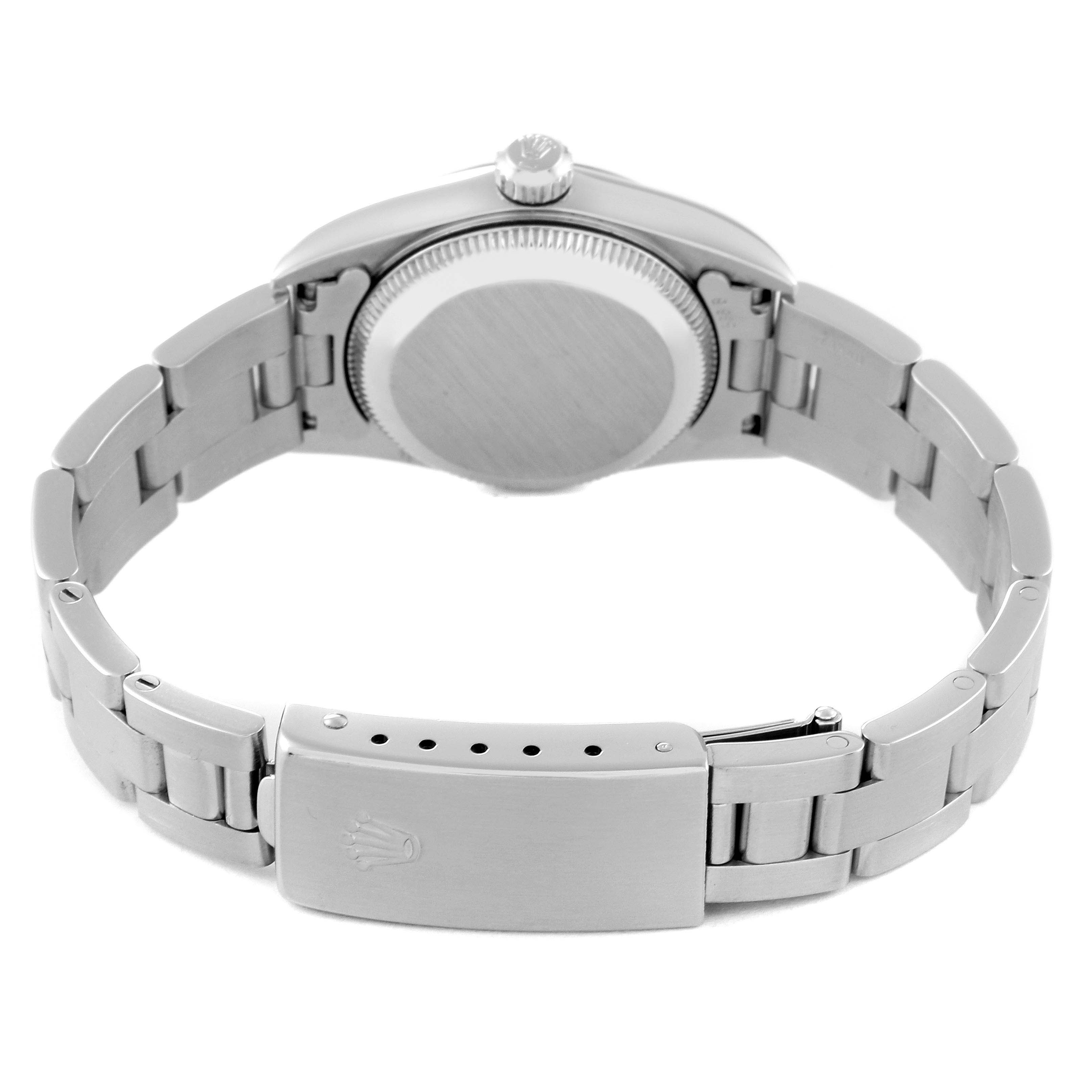 The image shows the back view of the Rolex Oyster Perpetual 76080 Women's Stainless Steel Silver Dial 76080 Women's Stainless Steel Silver Dial watch, including the closed clasp and bracelet links.