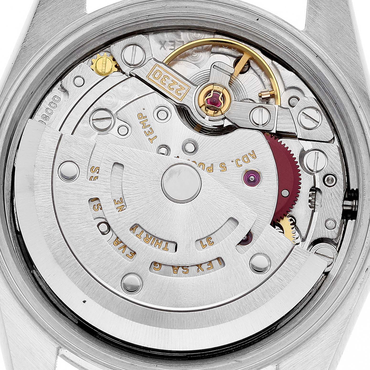 The image shows the intricate inner mechanism of a Rolex Oyster Perpetual 76080 Women's Stainless Steel Silver Dial 76080 Women's Stainless Steel Silver Dial watch from a close-up, rear angle.