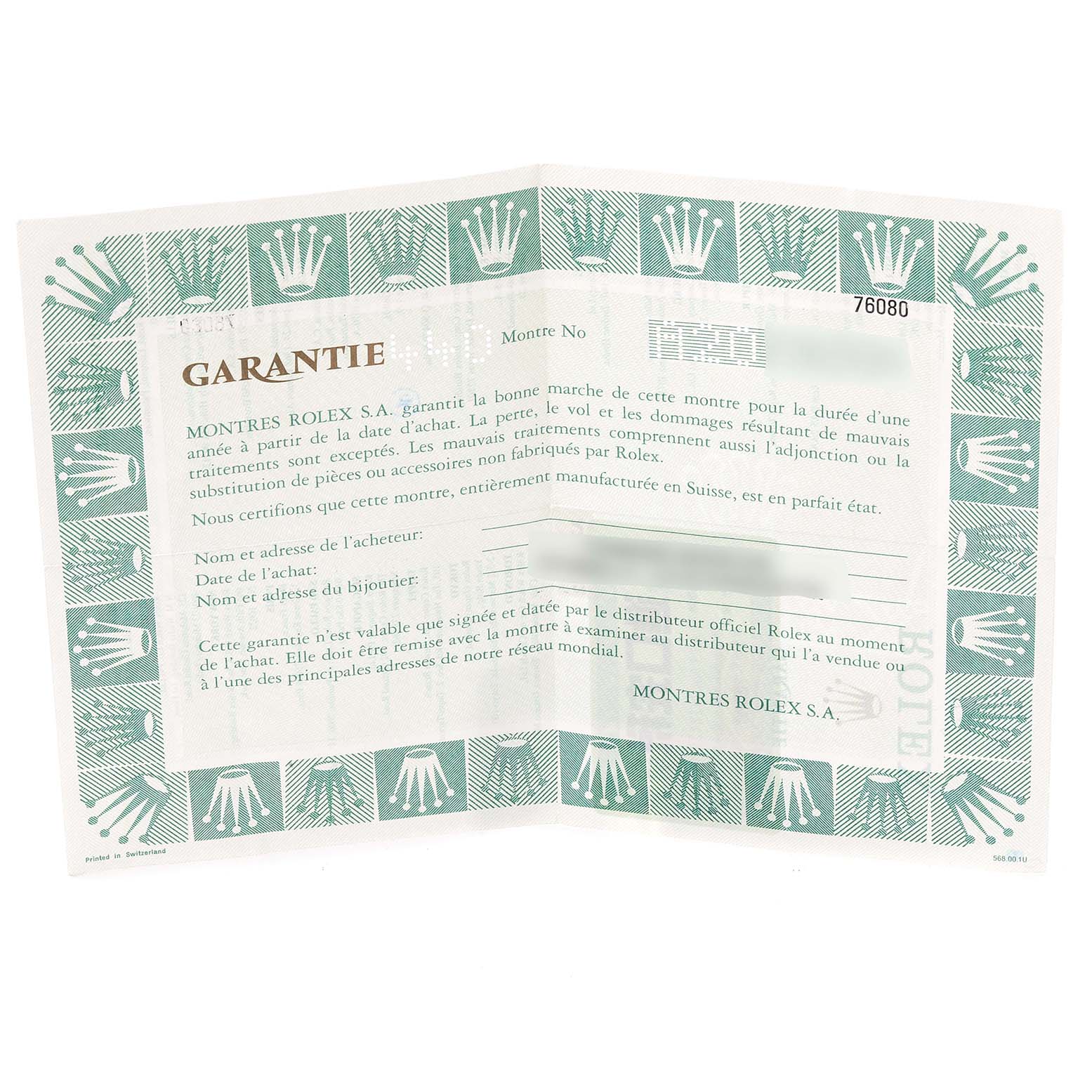 The image shows a warranty card for a Rolex Oyster Perpetual 76080 Women's Stainless Steel Silver Dial 76080 Women's Stainless Steel Silver Dial, detailing guarantee information and buyer details.