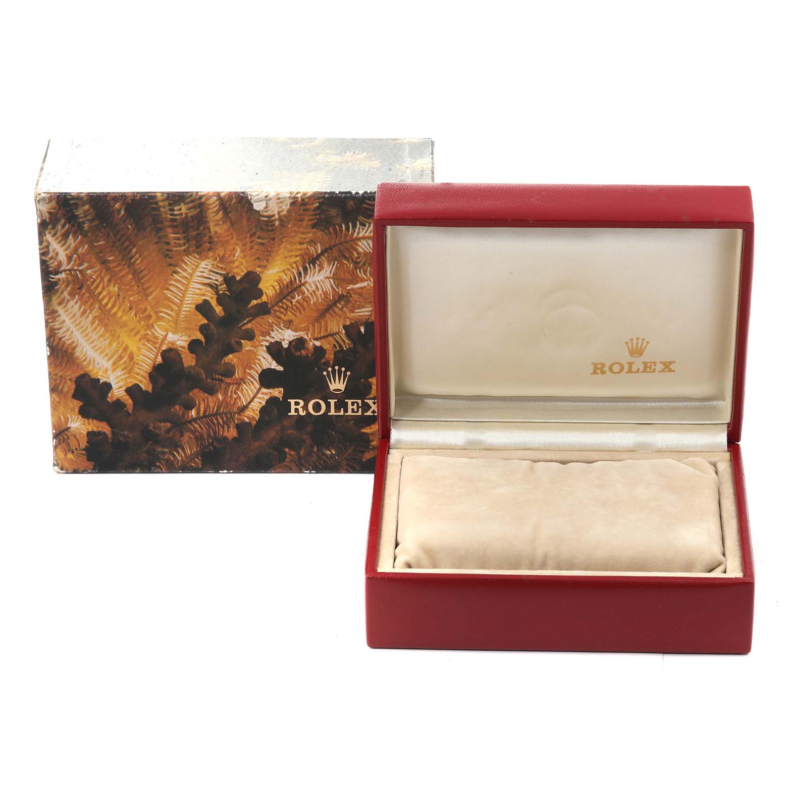 The image shows a Rolex President 69178 Women's Yellow Gold Champagne Dial 69178 Women's Yellow Gold Champagne Dial model watch box with its lid open and an outer decorative box behind it.