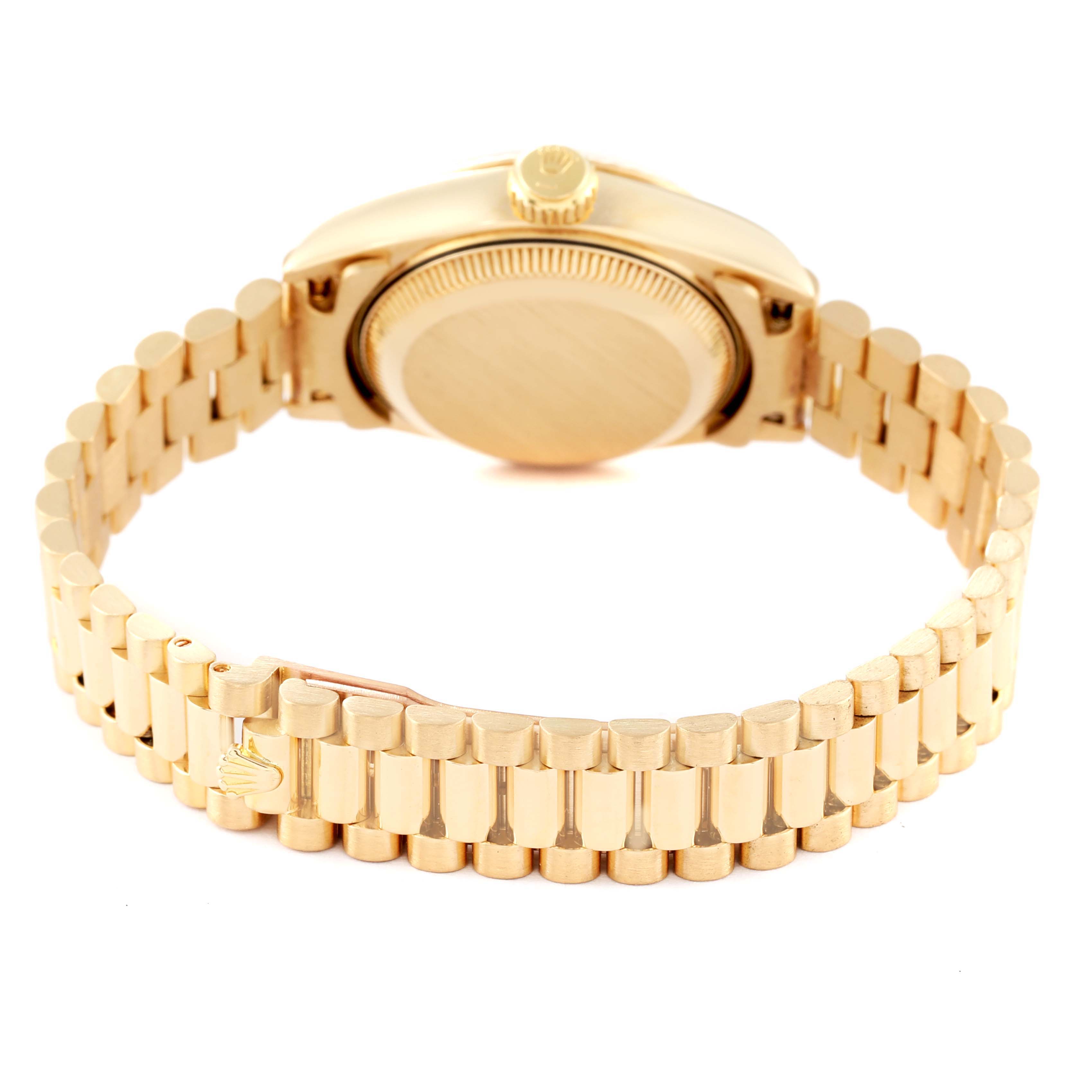 This image shows the back case and bracelet of a Rolex President 69178 Women's Yellow Gold Champagne Dial 69178 Women's Yellow Gold Champagne Dial model watch, viewed from the rear angle.