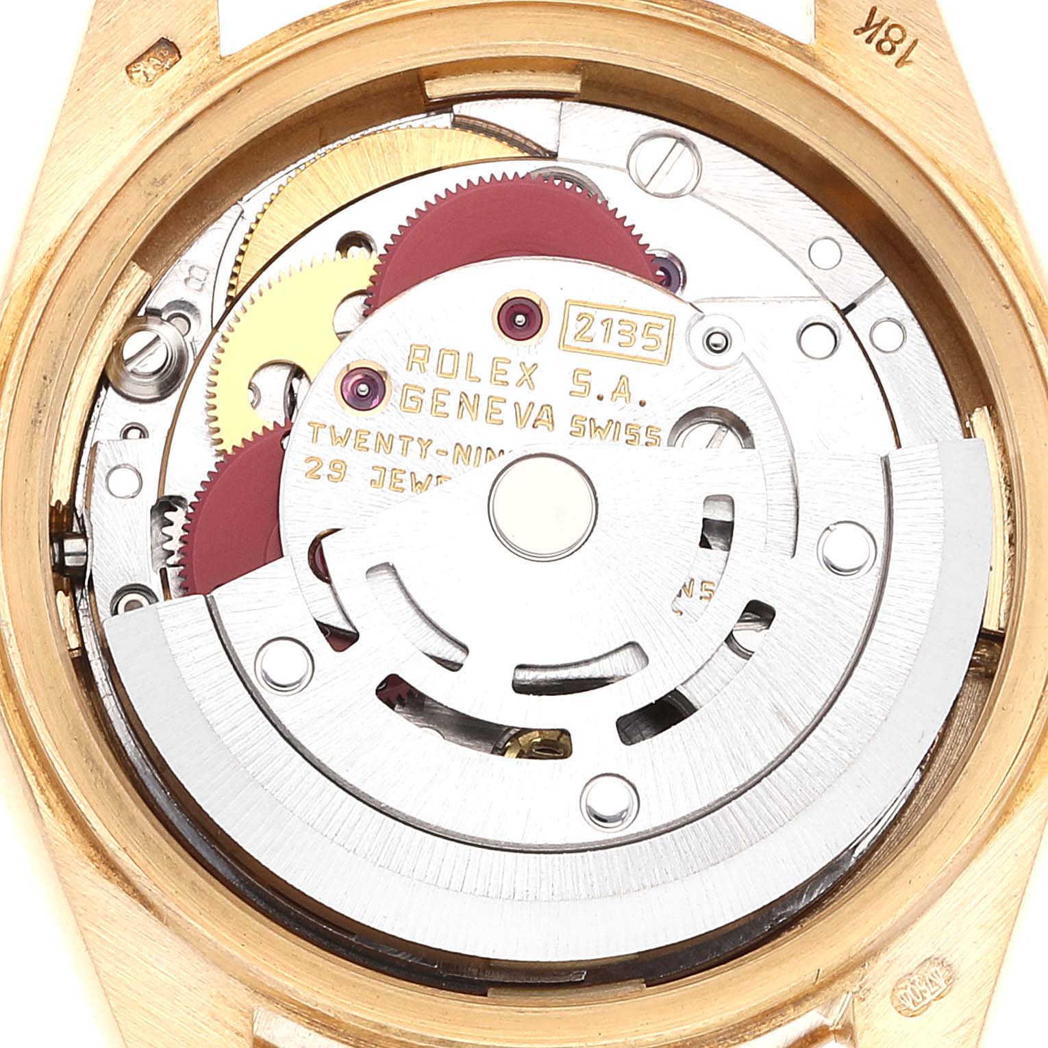 The image shows the internal mechanical movement of a Rolex President 69178 Women's Yellow Gold Champagne Dial 69178 Women's Yellow Gold Champagne Dial model watch, viewed from the back.