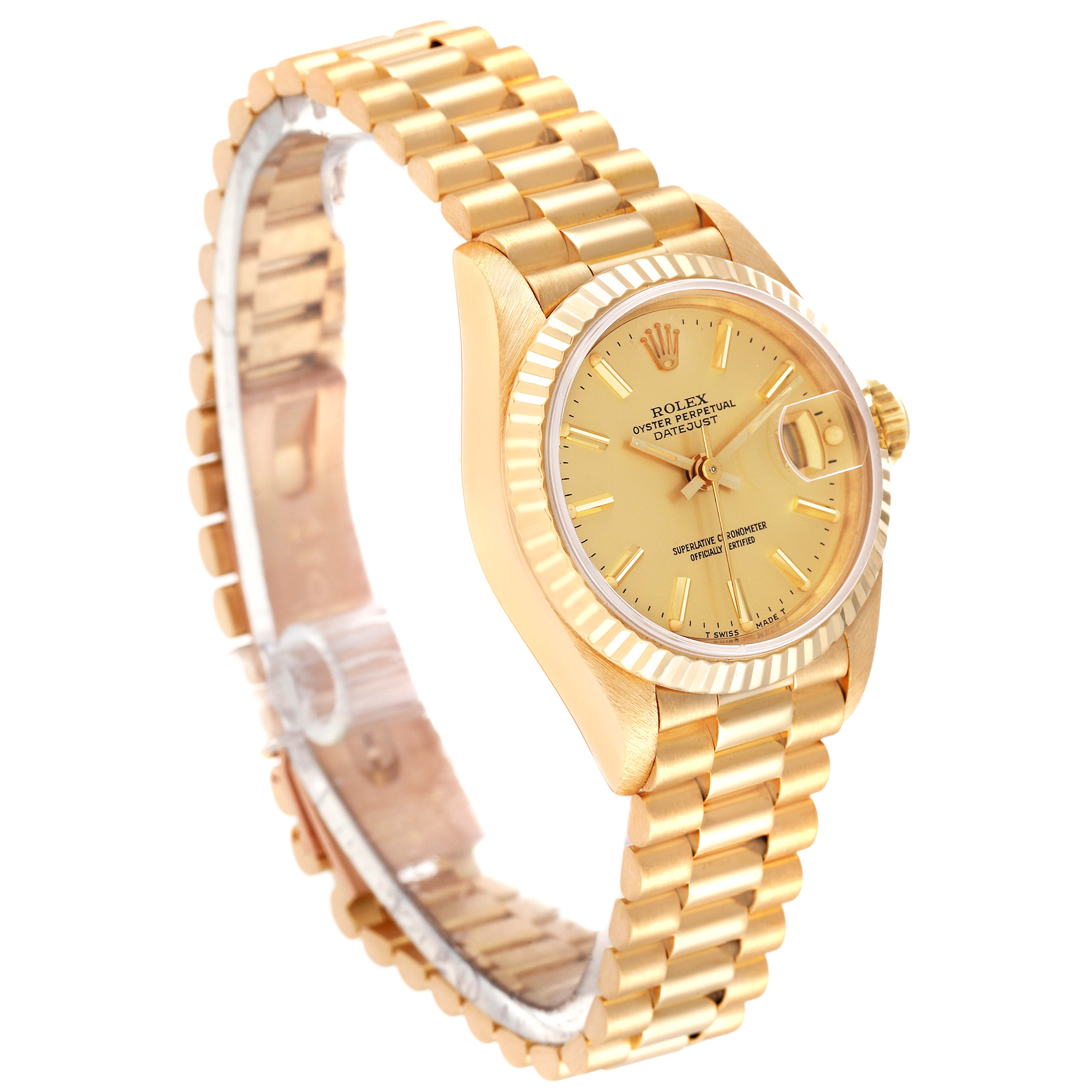 The image shows a side angle of the Rolex President 69178 Women's Yellow Gold Champagne Dial 69178 Women's Yellow Gold Champagne Dial model watch, highlighting the gold bracelet, dial, and bezel.