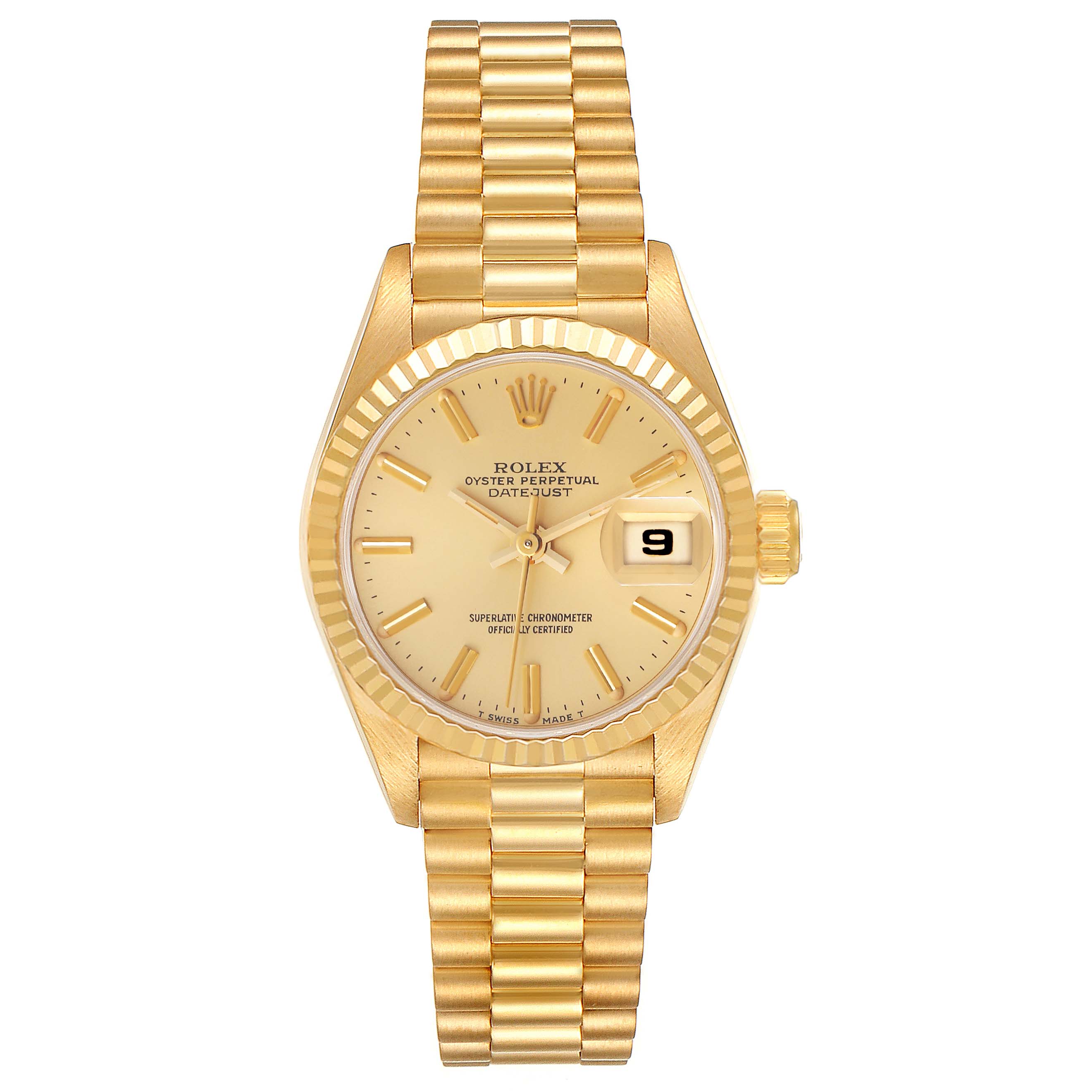This is a front view of the Rolex President 69178 Women's Yellow Gold Champagne Dial 69178 Women's Yellow Gold Champagne Dial model watch, showcasing the dial, hands, date window, and bracelet.
