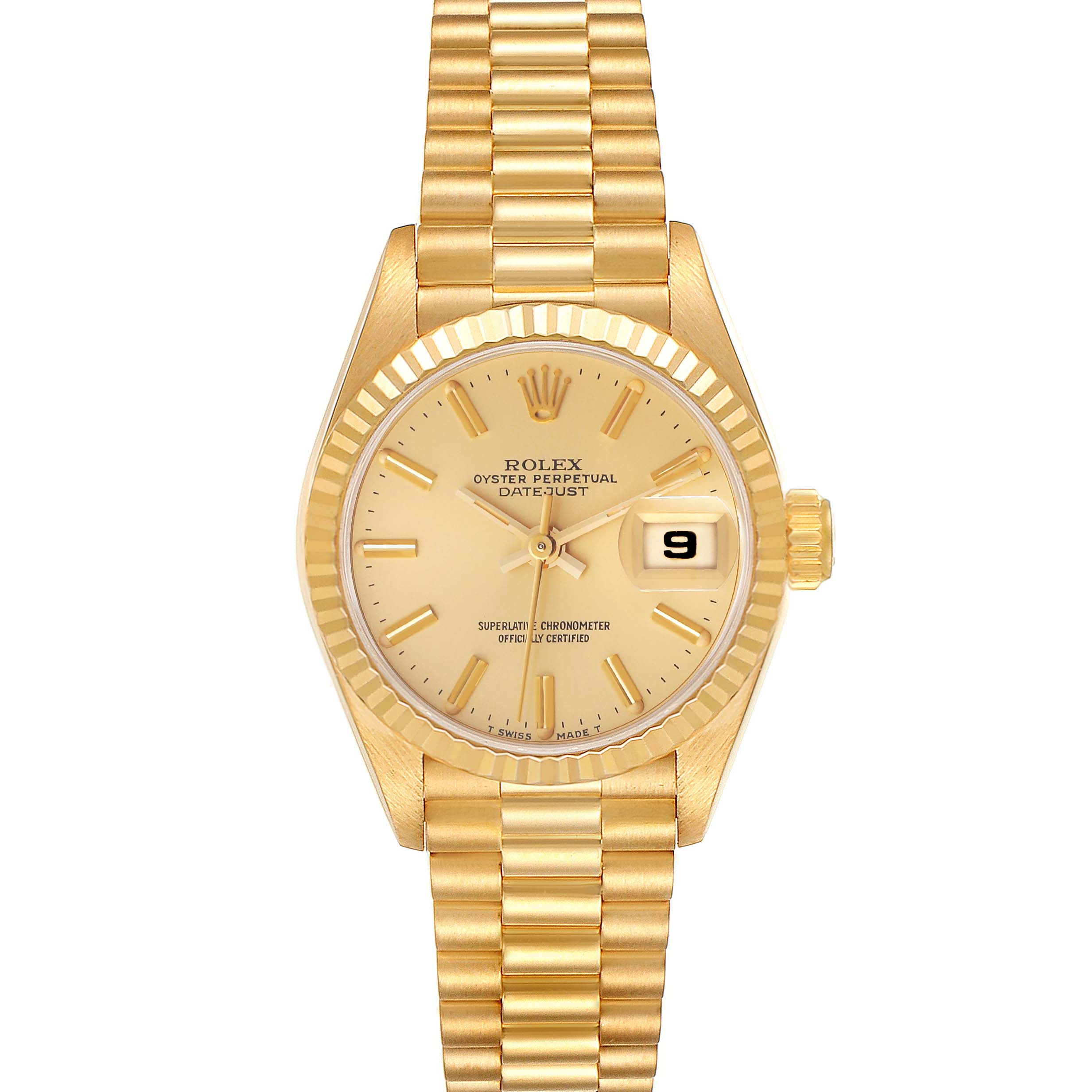 The image shows a front view of a Rolex President 69178 Women's Yellow Gold Champagne Dial 69178 Women's Yellow Gold Champagne Dial model watch, displaying the dial, date, and part of the bracelet.