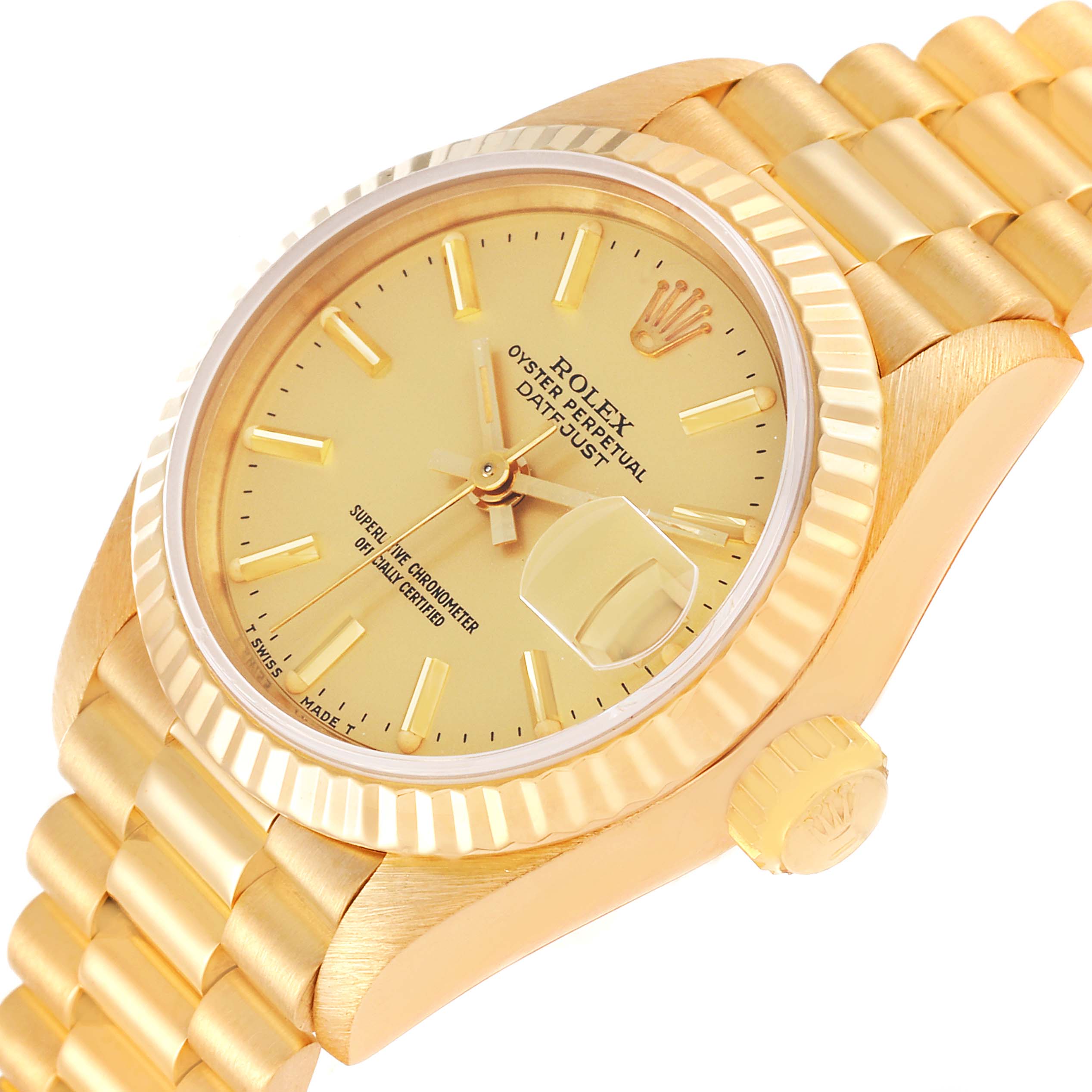 The Rolex President 69178 Women's Yellow Gold Champagne Dial 69178 Women's Yellow Gold Champagne Dial model shows a side angle, highlighting the crown, bezel, dial, and part of the bracelet.
