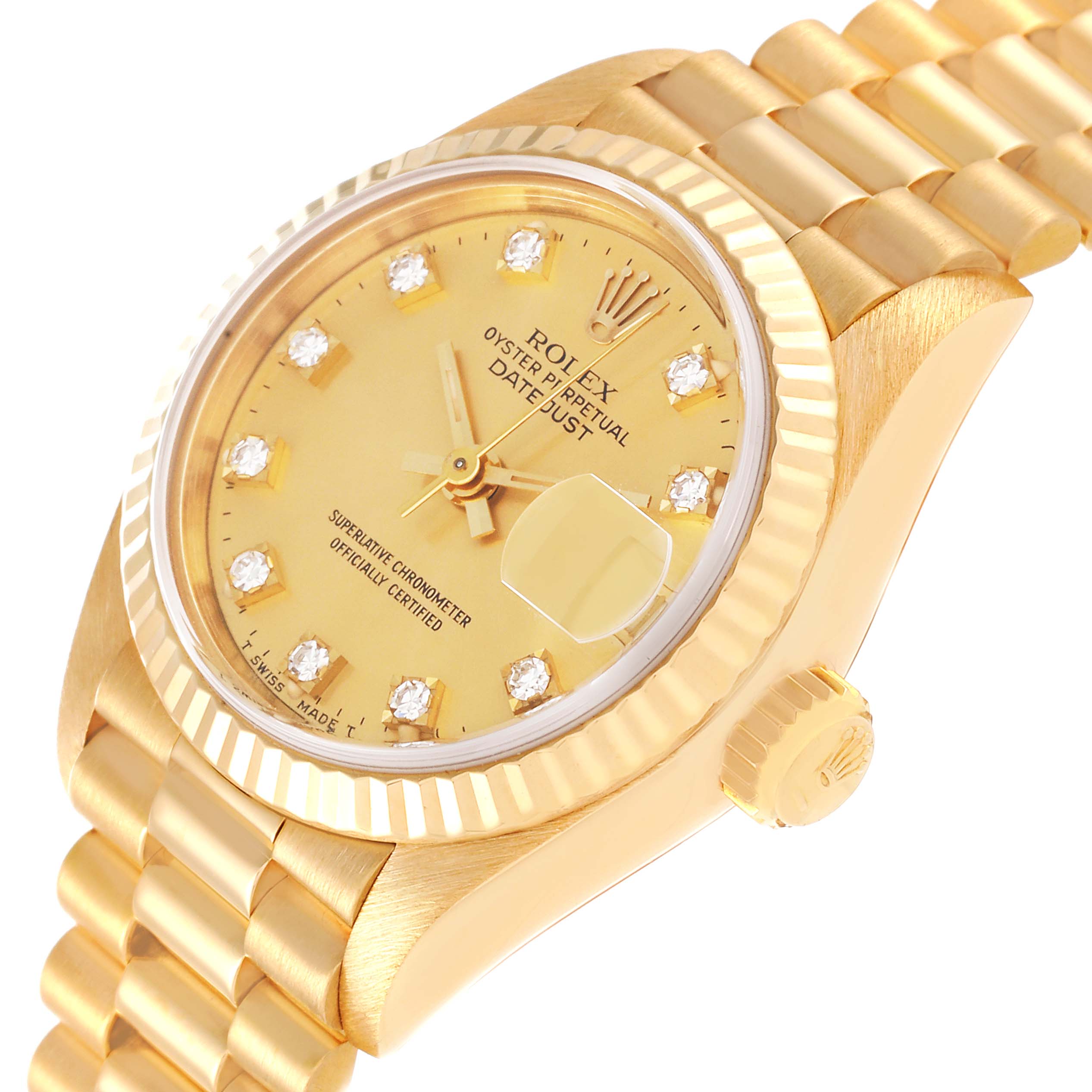 The image shows a close-up side view of the Rolex President 69178 Women's Yellow Gold Champagne Dial 69178 Women's Yellow Gold Champagne Dial Datejust watch, highlighting the gold bracelet, dial, and fluted bezel.