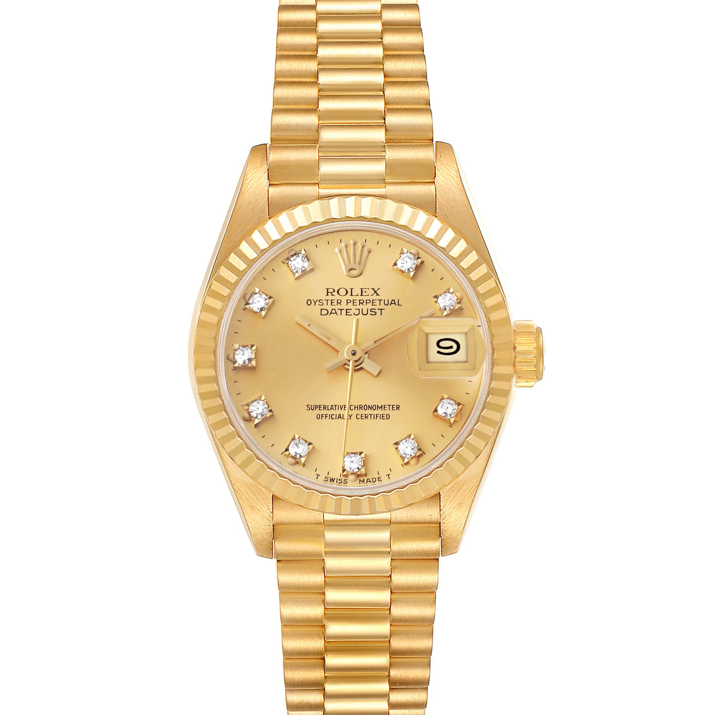 The image shows a front view of the Rolex President 69178 Women's Yellow Gold Champagne Dial 69178 Women's Yellow Gold Champagne Dial model Datejust watch, displaying its gold dial, diamond markers, fluted bezel, and bracelet.