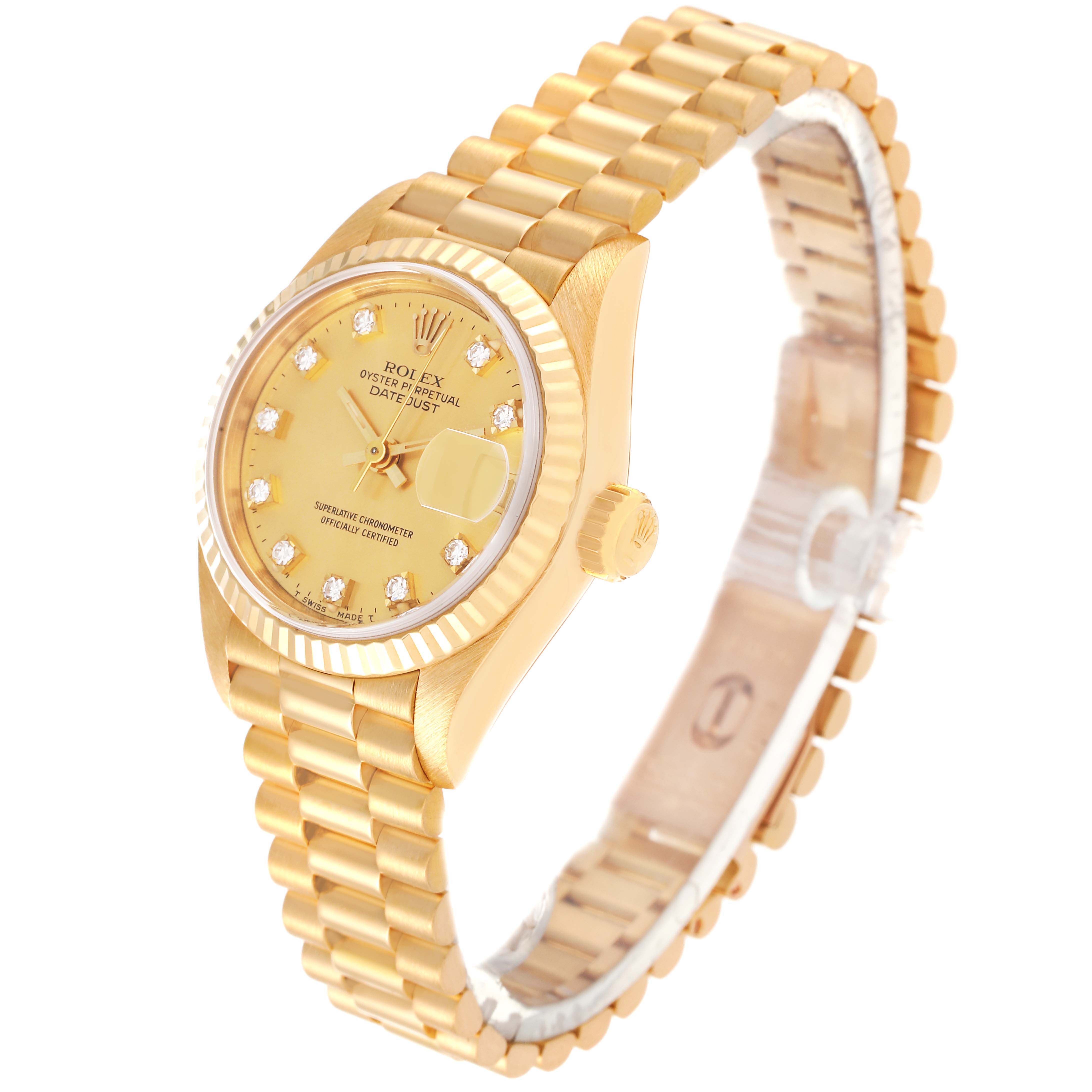 This image shows a side and frontal view of a Rolex President 69178 Women's Yellow Gold Champagne Dial 69178 Women's Yellow Gold Champagne Dial model watch, focusing on its gold bracelet, dial, and date function.