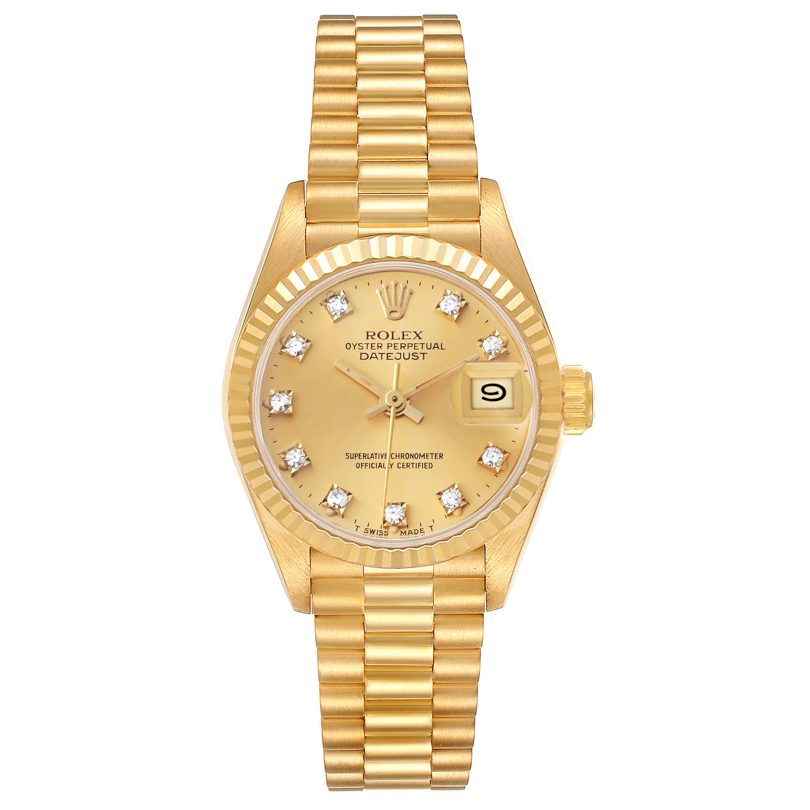The image shows a front view of a Rolex President 69178 Women's Yellow Gold Champagne Dial 69178 Women's Yellow Gold Champagne Dial model watch, highlighting the dial, bezel, and bracelet.