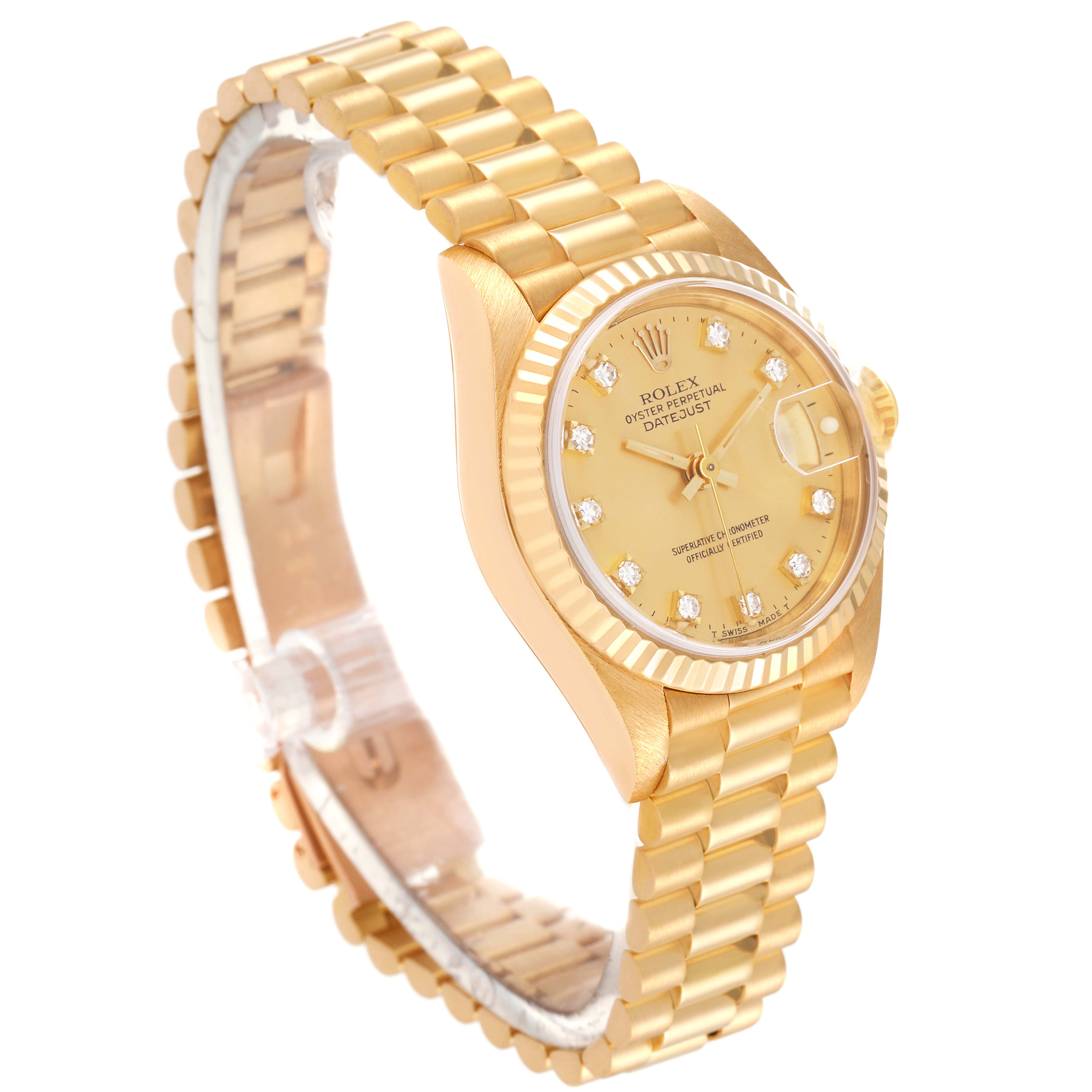 The image shows a angled side view of a gold Rolex President 69178 Women's Yellow Gold Champagne Dial 69178 Women's Yellow Gold Champagne Dial model watch, highlighting its bracelet, bezel, and face.